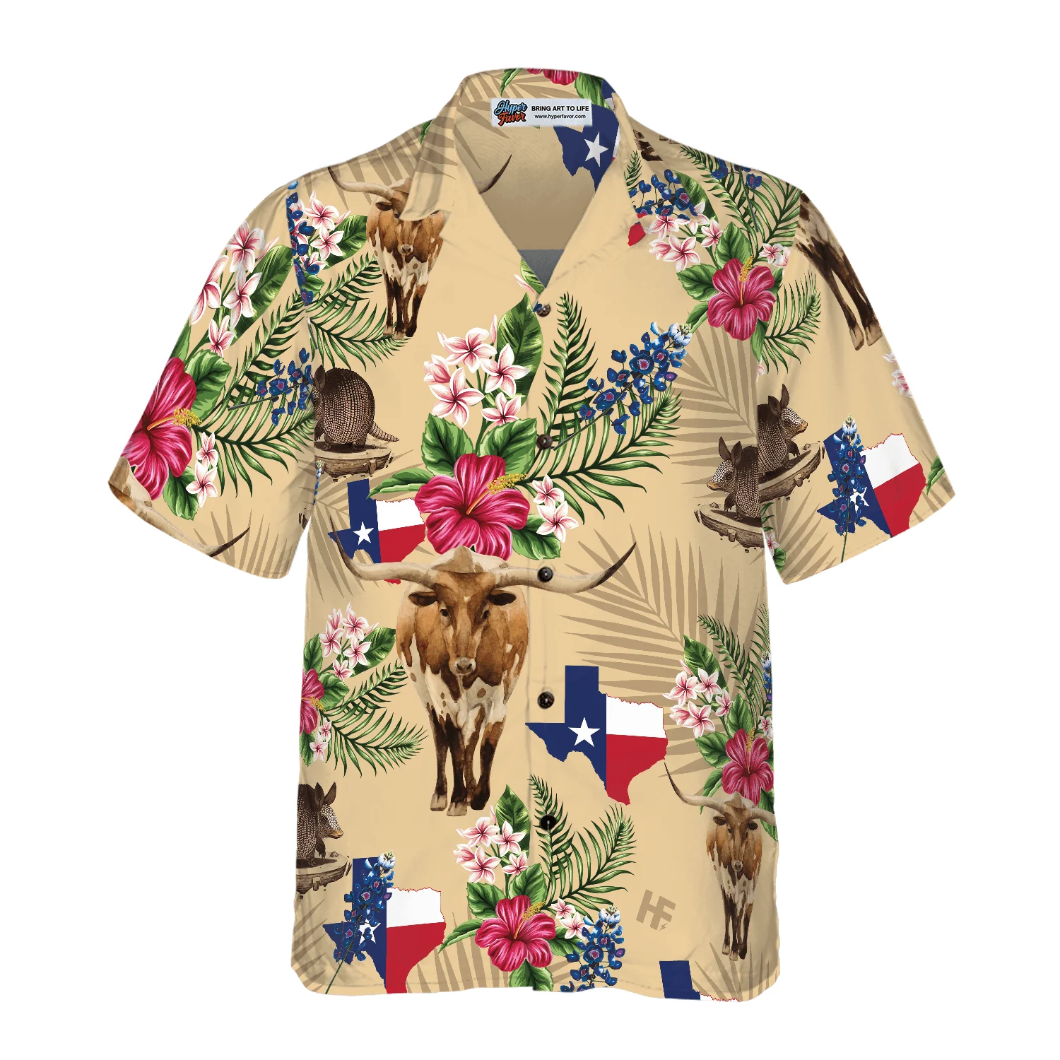 Insignia Bluebonnet Texas Hawaiian Shirt, Don't Mess With Texas Armadillo And Longhorn, Texas Home, Cream Version Summer Aloha Shirt For Men Women - Image 2