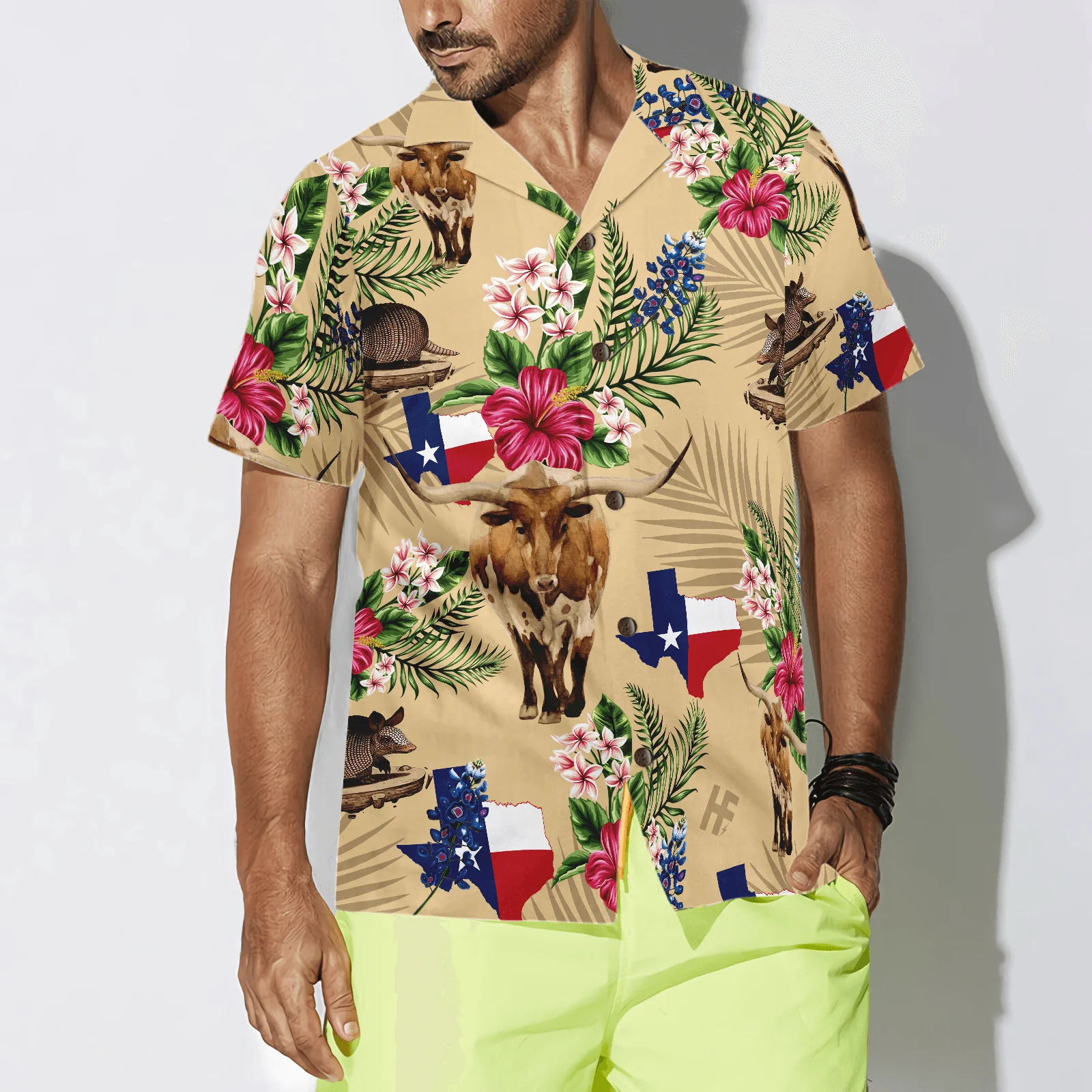 Insignia Bluebonnet Texas Hawaiian Shirt, Don't Mess With Texas Armadillo And Longhorn, Texas Home, Cream Version Summer Aloha Shirt For Men Women - Image 4