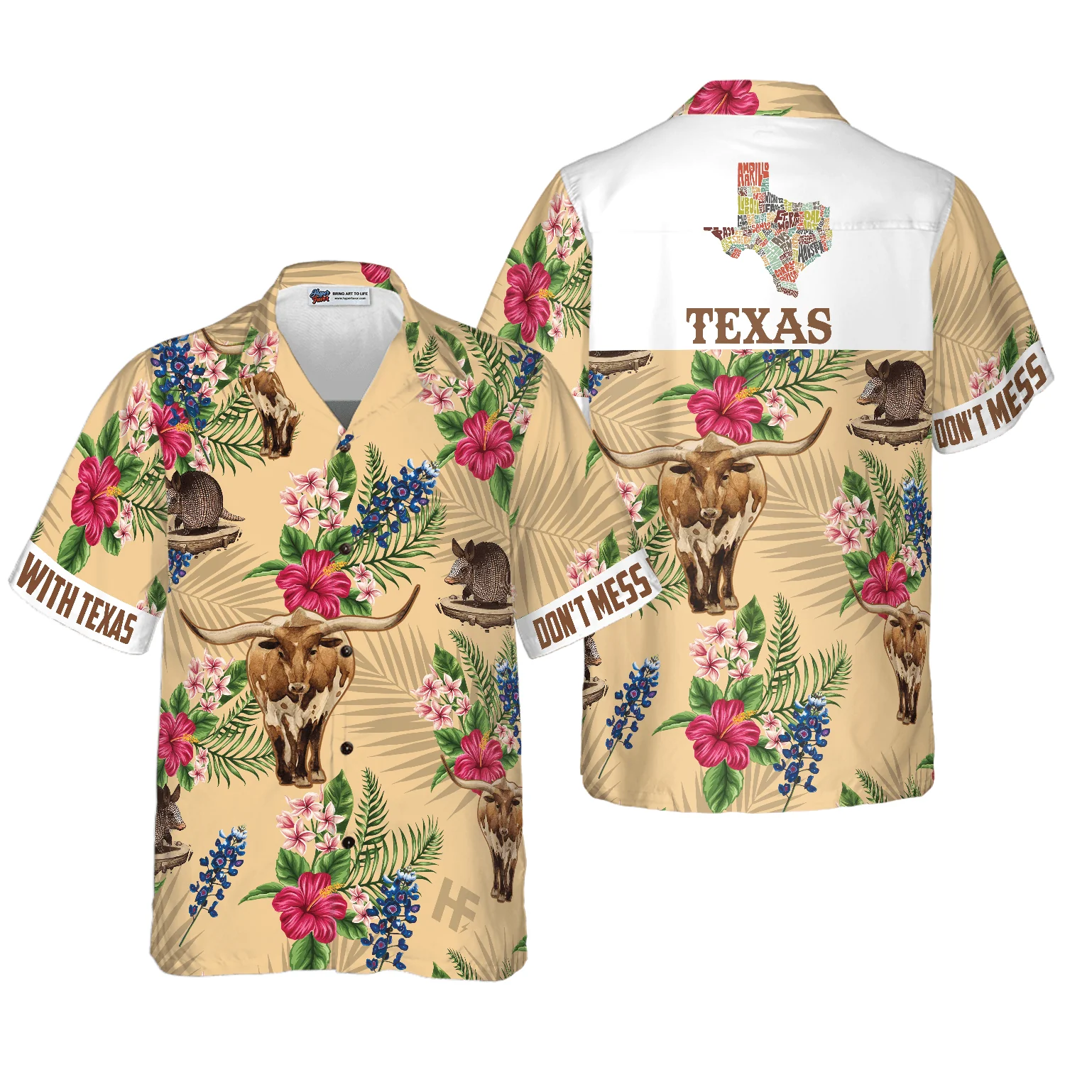 Insignia Bluebonnet Texas Hawaiian Shirt, Don't Mess With Texas Armadillo and Longhorn, Texas Home, Summer Aloha Shirt Perfect Gift For Men Women - Image 6