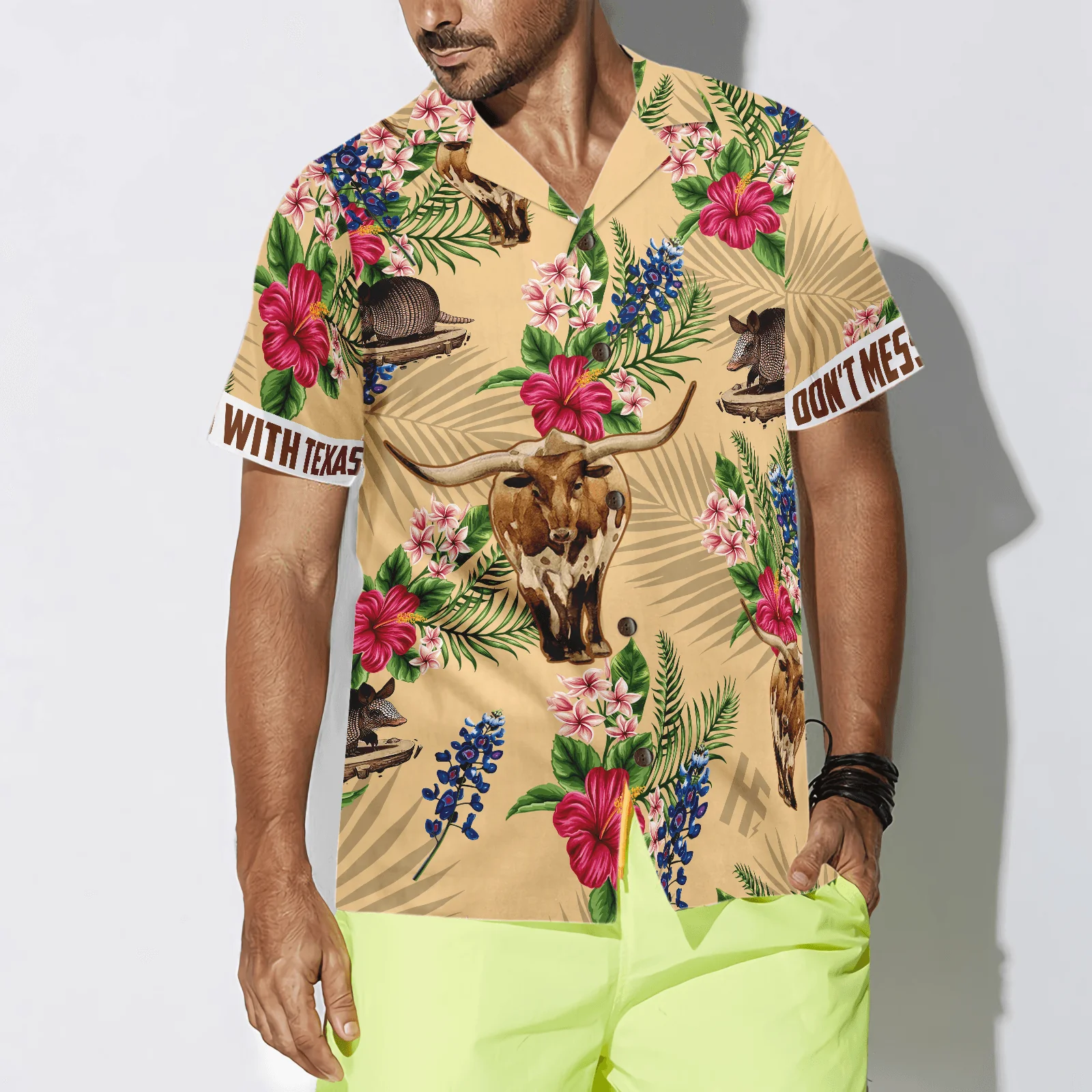 Insignia Bluebonnet Texas Hawaiian Shirt, Don't Mess With Texas Armadillo and Longhorn, Texas Home, Summer Aloha Shirt Perfect Gift For Men Women - Image 8