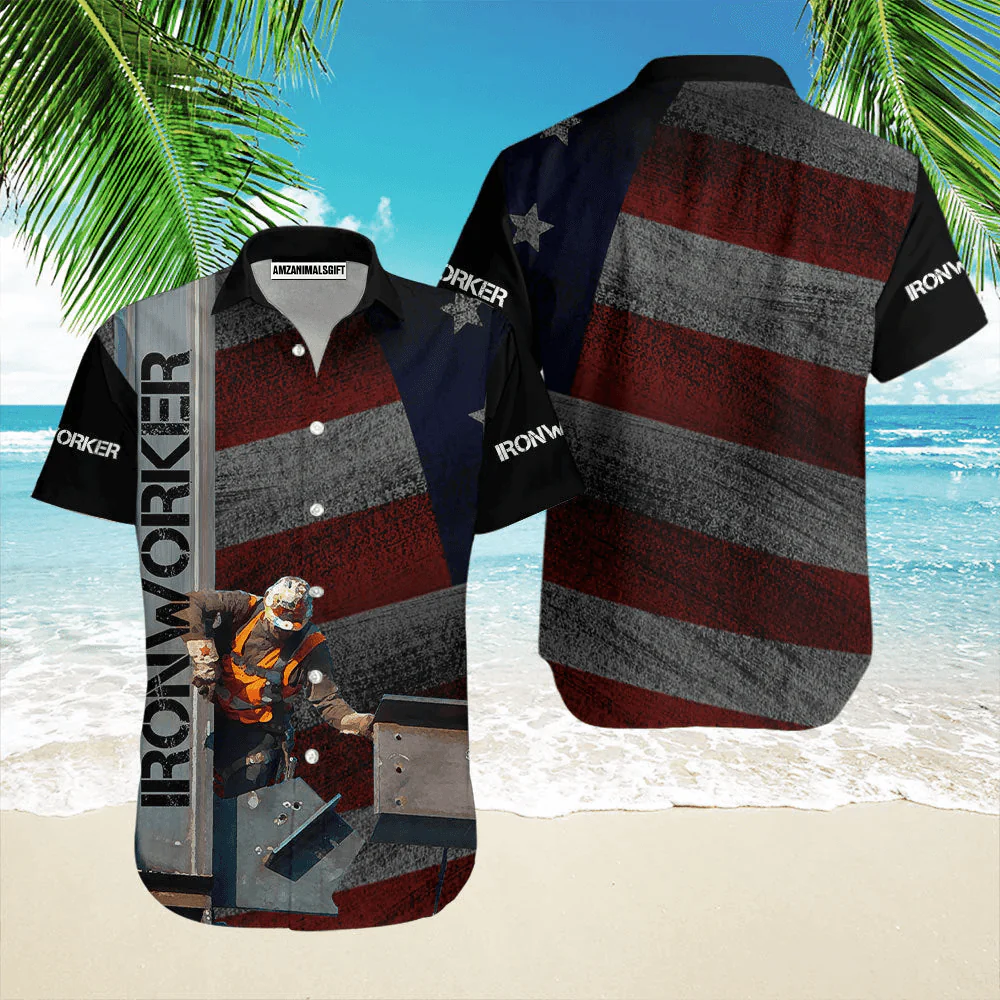 Iron Worker American Flag Red And Gray Aloha Hawaiian Shirts For Men Women, 4th Of July Gift For Summer, Friend, Family, Independence Day - Image 2