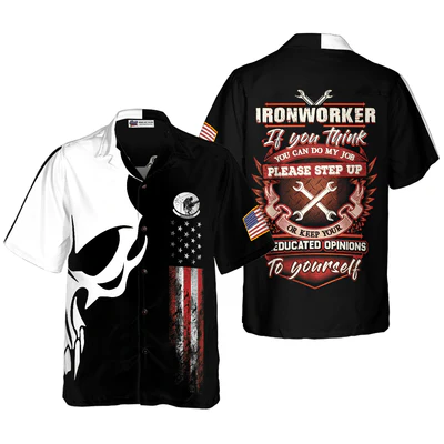 Ironworker Hawaiian Shirt, Ironworker Proud Skull, American Flag Aloha Shirt For Men - Perfect Gift For Ironworker, Friend, Family