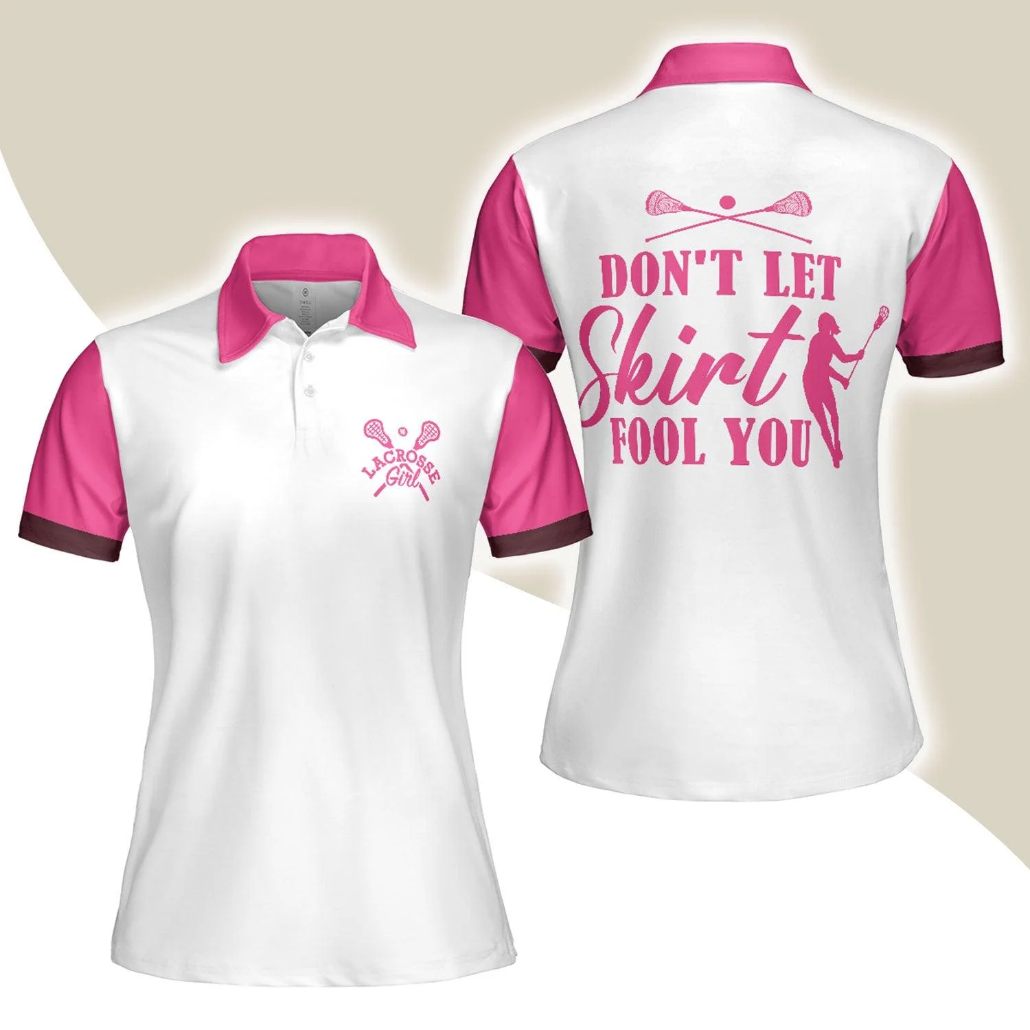 Lacrosse Women Polo Shirt, Don't Let Skirt Fool You White And Pink Lacrosse Women Polo Shirts, Best Gift For Lacrosse Lovers, Ladies