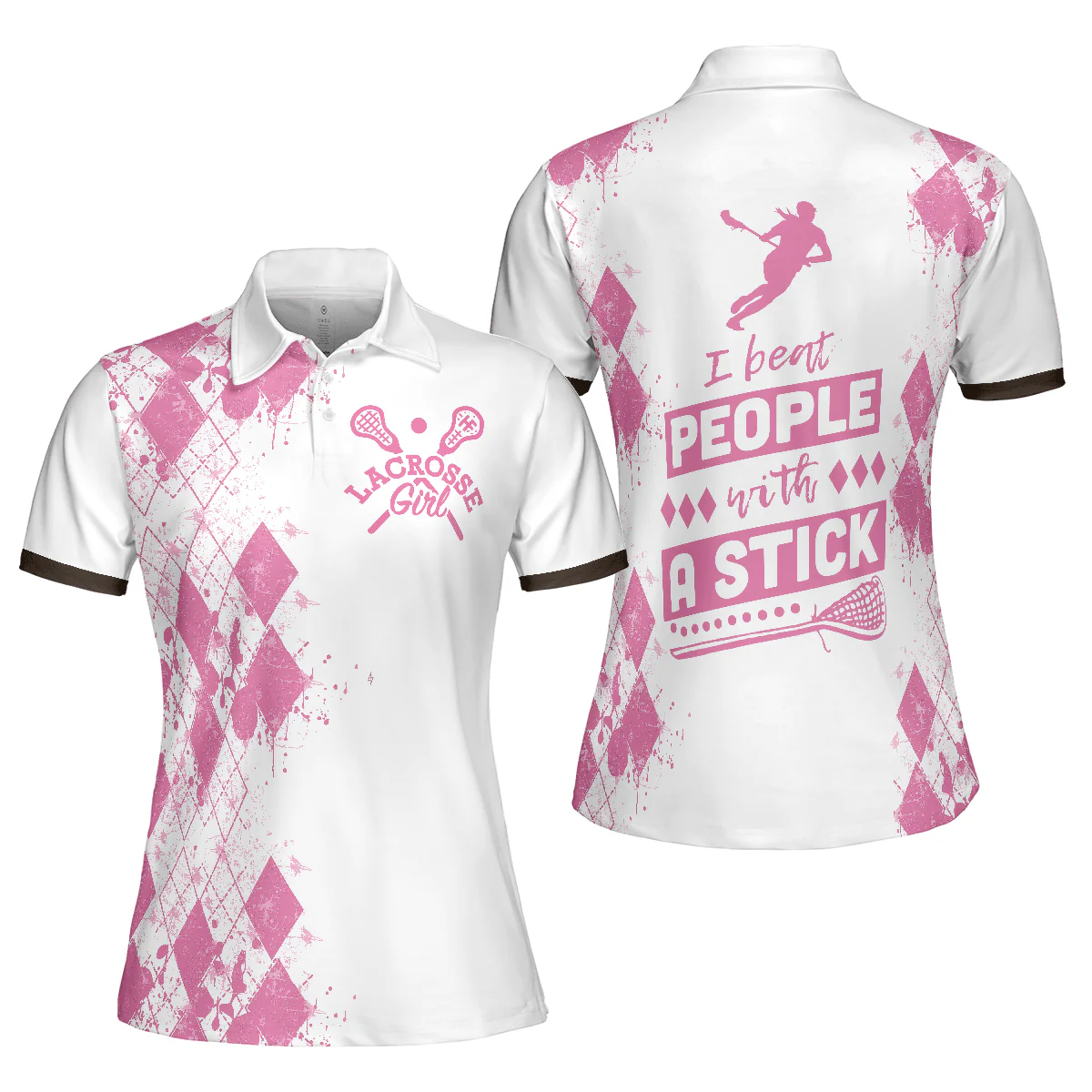 Lacrosse Women Polo Shirt, I Beat People With A Stick Lacrosse Women Polo Shirts, White And Pink Lacrosse Shirt For Ladies, Lacrosse Lovers - Image 2