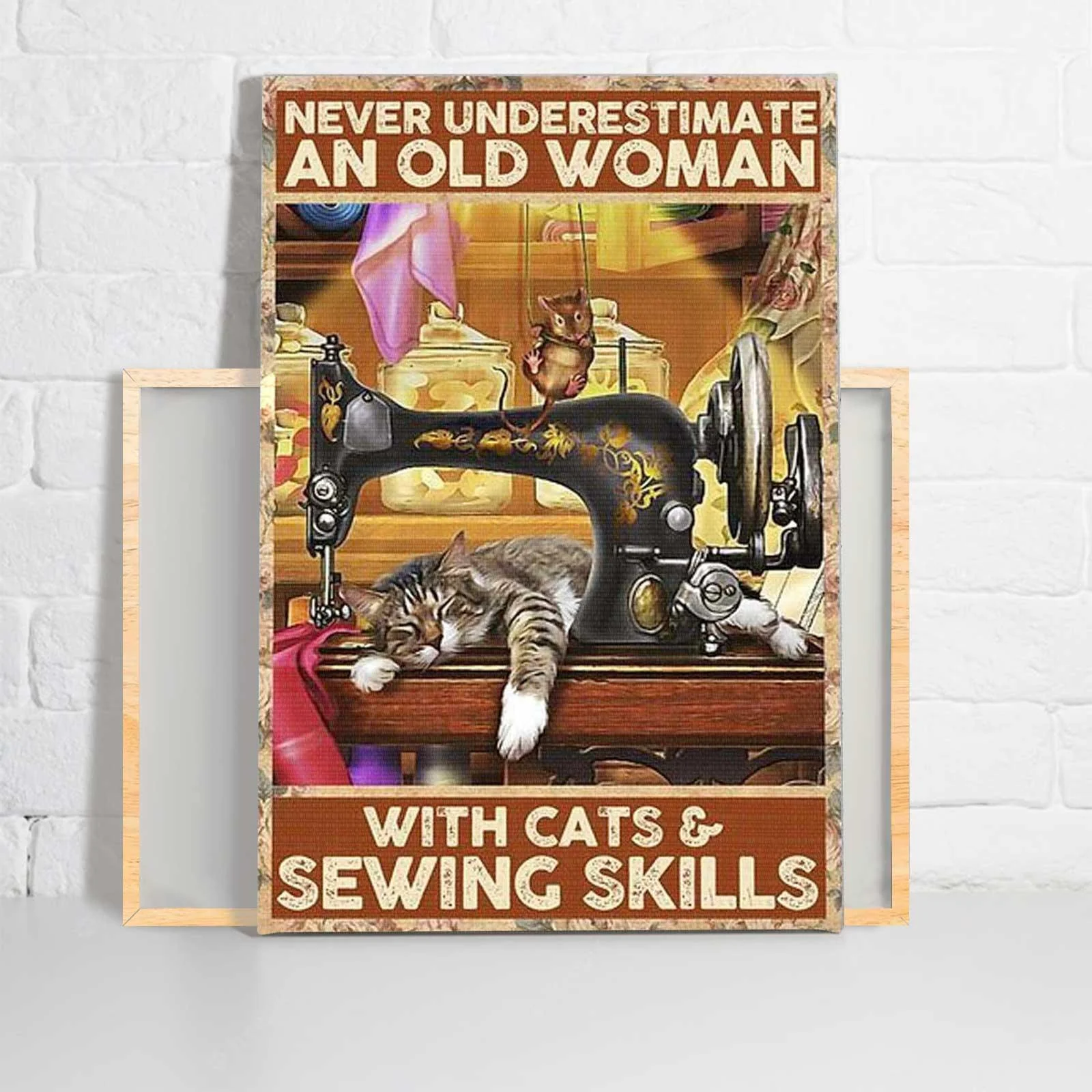 Lazy Cat Portrait Canvas - Never Underestimate An Old Woman With Cats And Sewing Skills Canvas - Perfect Gift For Cat Lover