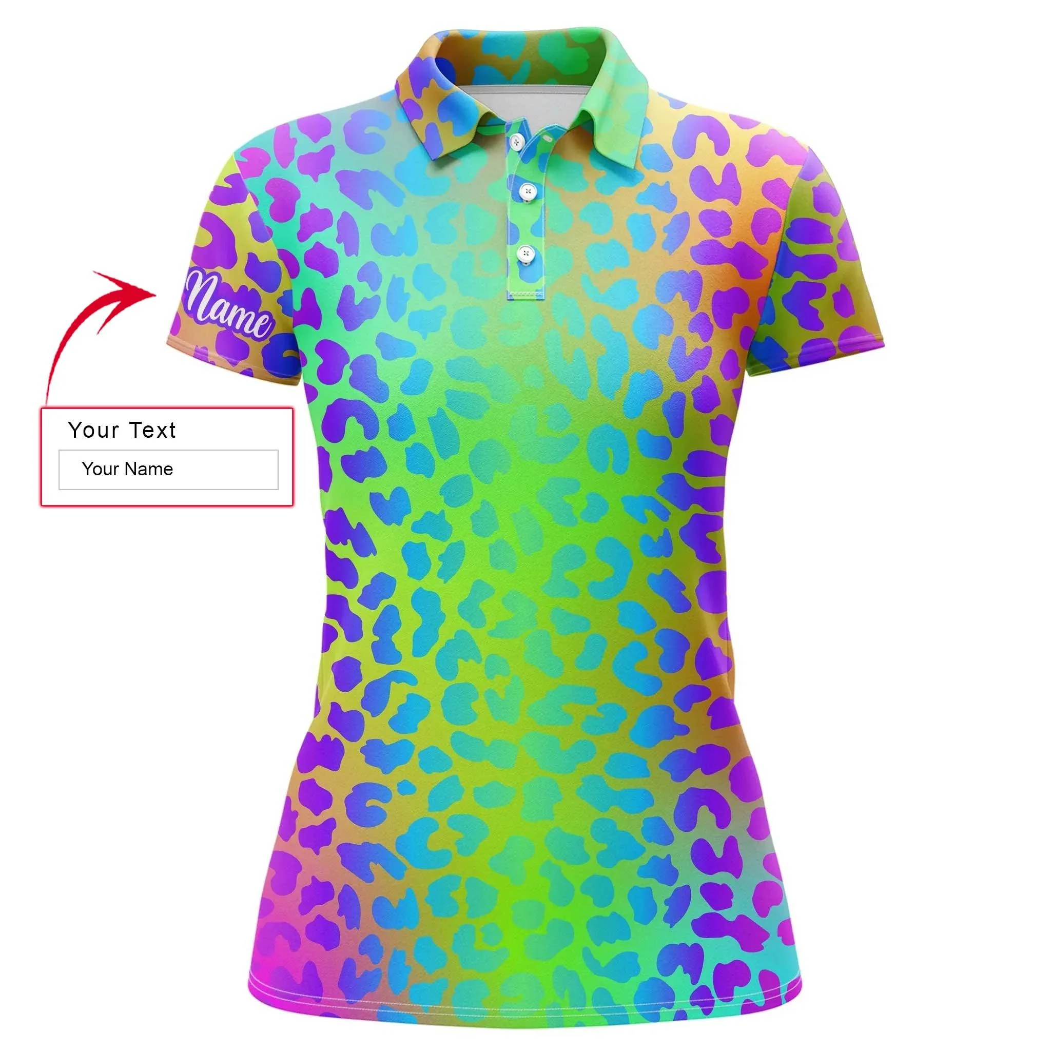 Leopard Pattern Custom Name Women Polo Shirt, Neon Rainbow Leopard Pattern Print Personalized Women Polo Shirts, Golf Tops, Gift For Ladies, Women