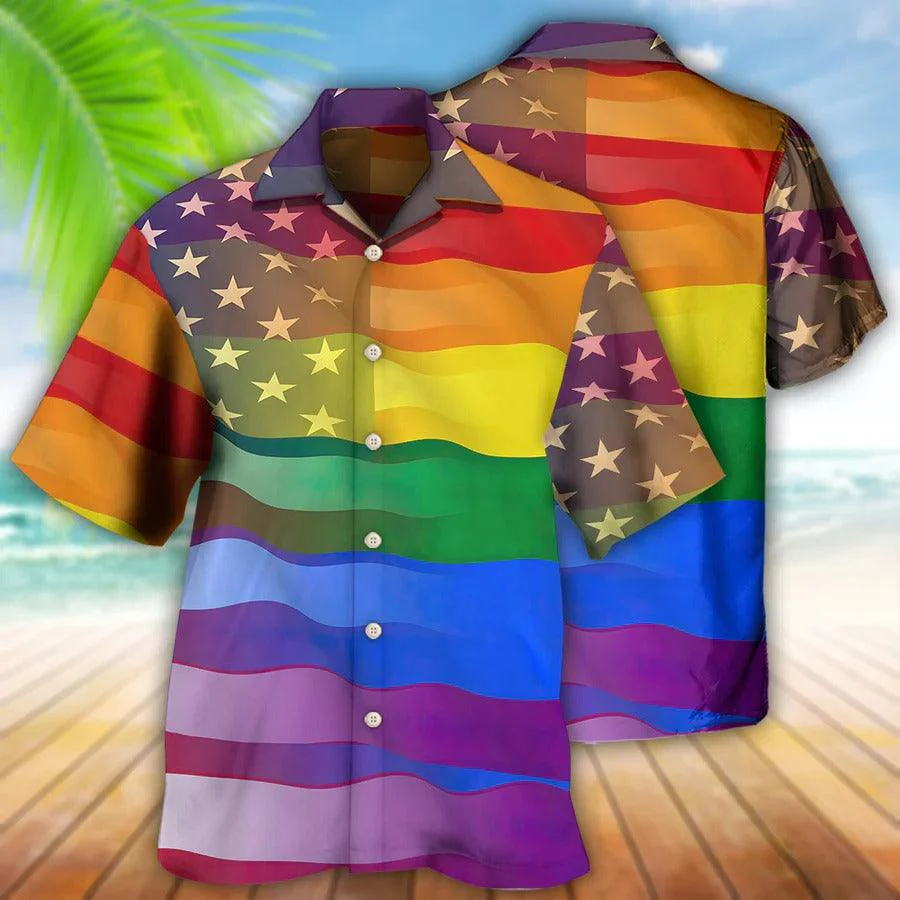 LGBT Aloha Hawaiian Shirt For Summer - LGBT Love America Peace Hawaiian Shirt - US Flag Rainbow Hawaiian Shirt - Perfect Gift For LGBT