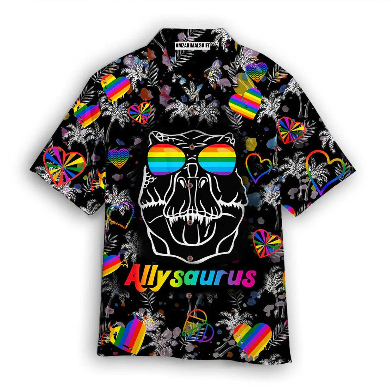 LGBT Aloha Hawaiian Shirts For Summer, Dinosaur Allysaurus Happy Pride Month Colorful Rainbow Of LGBT Hawaiian Shirts, Gift For Gaymer And Lesbian