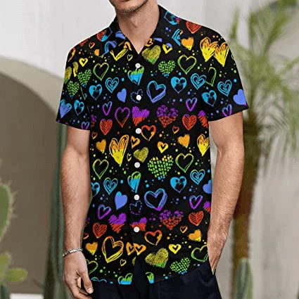 LGBT Aloha Hawaiian Shirts For Summer, Heart Pattern Colorful Rainbow LGBT Pride Hawaiian Shirts, Gift For Couple Gaymer And Lesbian - Image 3