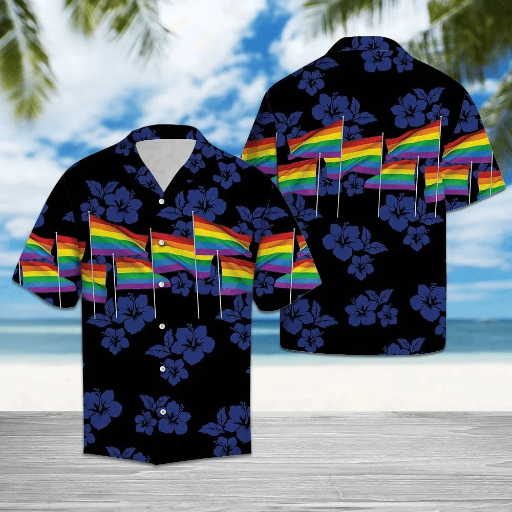 LGBT Aloha Hawaiian Shirts For Summer, Hibiscus Flower Flag Colorful Rainbow LGBT Pride Hawaiian Shirts, Gift For Couple Gaymer And Lesbian