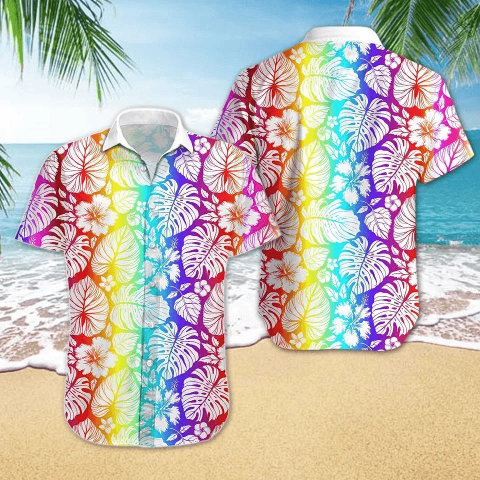 LGBT Aloha Hawaiian Shirts For Summer, Leaves Pattern Colorful Rainbow LGBT Pride Hawaiian Shirts, Gift For Couple Gaymer And Lesbian
