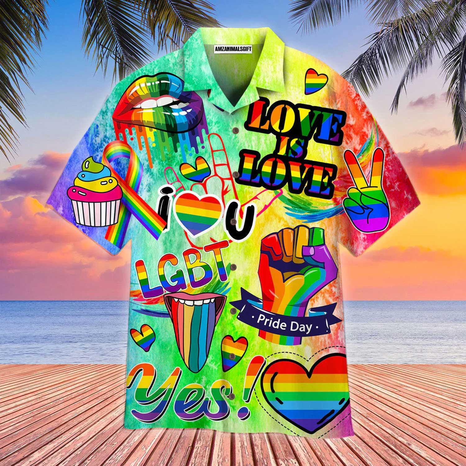 LGBT Aloha Hawaiian Shirts For Summer, Love Is Love LGBT Month Rainbow Colorful LGBT Aloha Hawaiian Shirts For Men Women, Gift For Friend