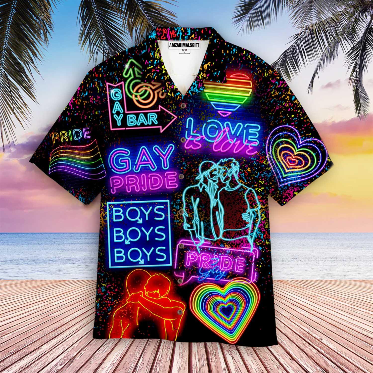 LGBT Aloha Hawaiian Shirts For Summer, Neon Pride Month LGBT Aloha Hawaiian Shirts For Men Women, Perfect Gift For Friend, Family, Team - Love Is Love