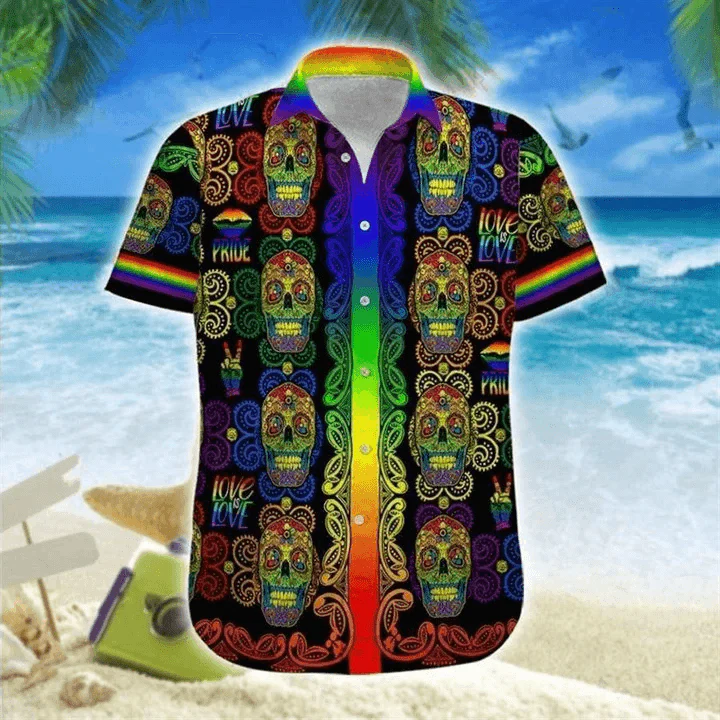 LGBT Aloha Hawaiian Shirts For Summer, Sugar Skull Love Is Love Rainbow Colorful Hawaiian Shirts, Pride Gift For Couple Gaymer And Lesbian, Friend