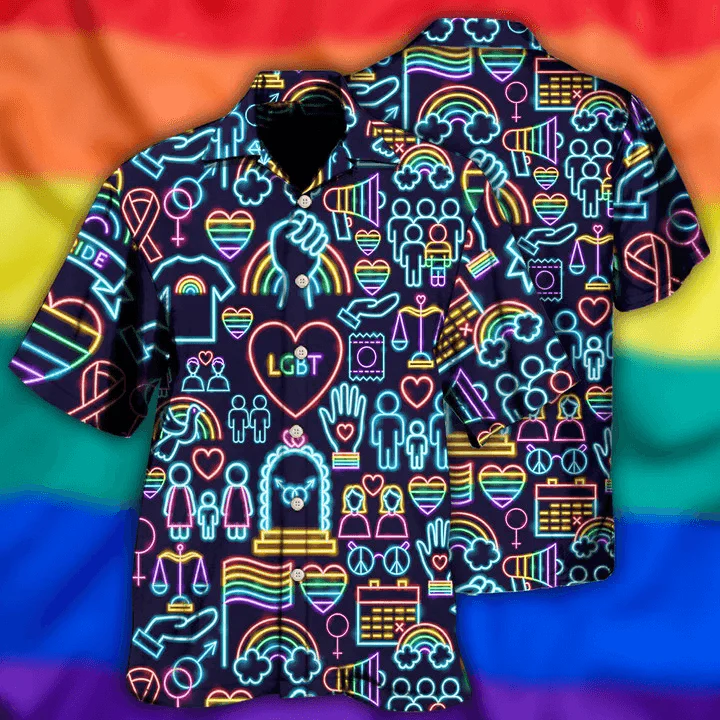 LGBT Aloha Hawaiian Shirts For Summer, Symbols Neon Colorful Rainbow LGBT Pride Hawaiian Shirts, Gift For Couple Gaymer And Lesbian, Friend - Image 2