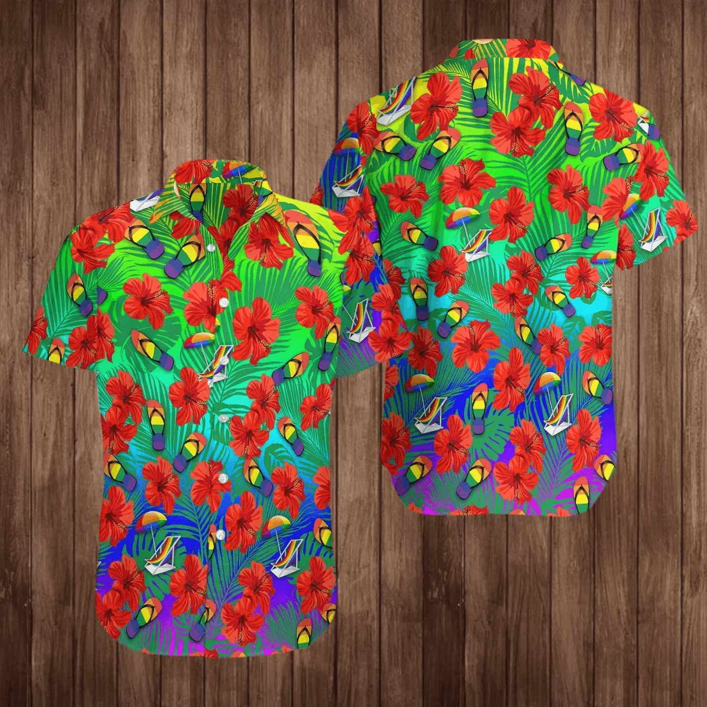 LGBT Aloha Hawaiian Shirts For Summer, Tropical Hibiscus Flip Flops Colorful Rainbow LGBT Pride Hawaiian Shirts, Gift For Couple Gaymer And Lesbian
