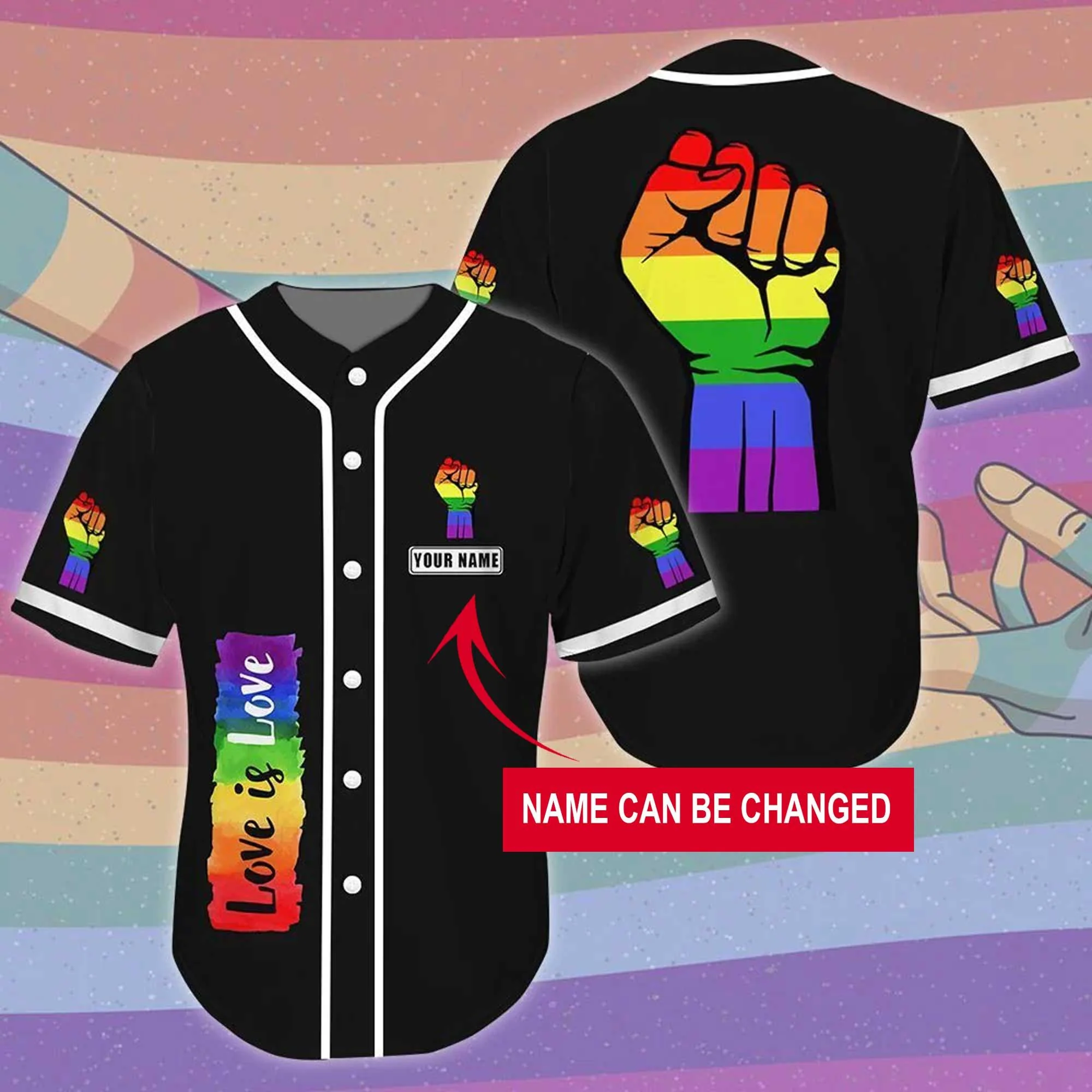 LGBT Custom Name Baseball Jersey, Hand Up Love Is Love, Personalized Pride Colorful Of LGBT Baseball Jersey, Gift For Gaymer And Lesbian