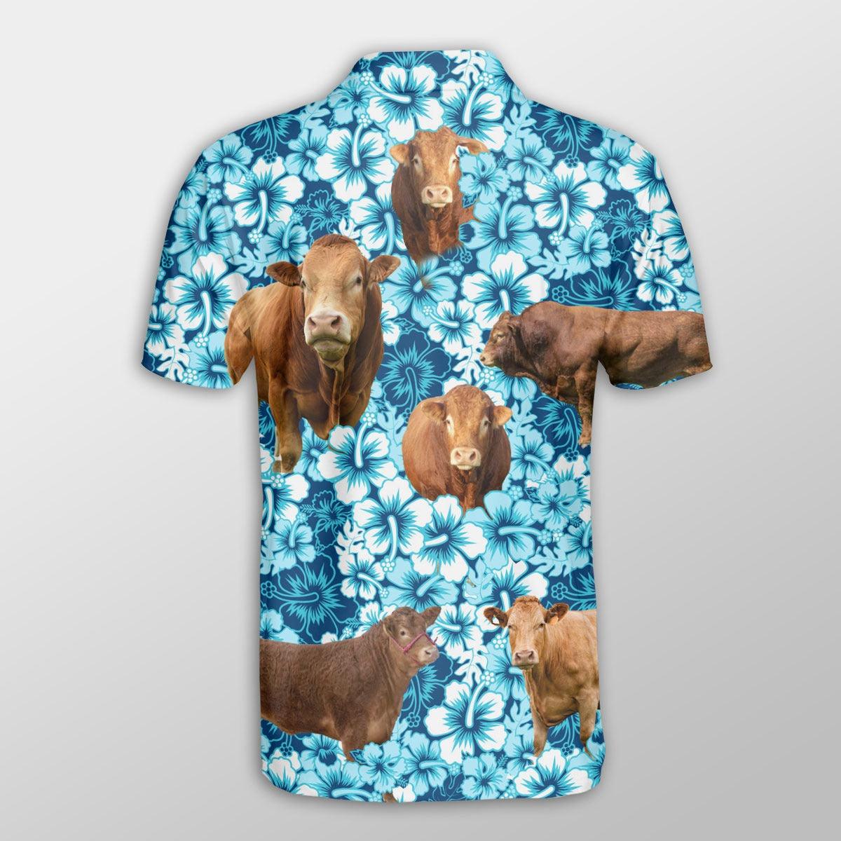 Limousin Men Polo Shirts For Summer - Limousin Blue Hibiscus Pattern Button Shirts For Men - Perfect Gift For Limousin Lovers, Cattle Lovers - Image 2