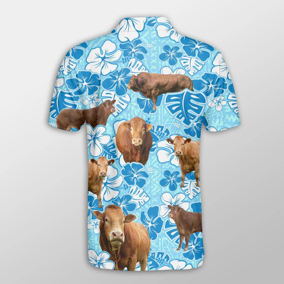 Limousin Men Polo Shirts For Summer - Limousin Cattle Blue Floral Button Shirts For Men - Perfect Gift For Limousin Lovers, Cattle Lovers - Image 2