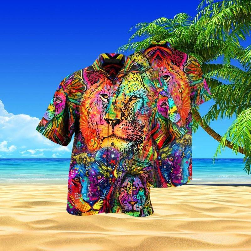 Lion Aloha Hawaiian Shirt - Amazing Lion Colorful Hawaiian Shirt, Colorful Lion Face Pattern Printed Hawaiian Shirt For Men & Women, Lion Lover