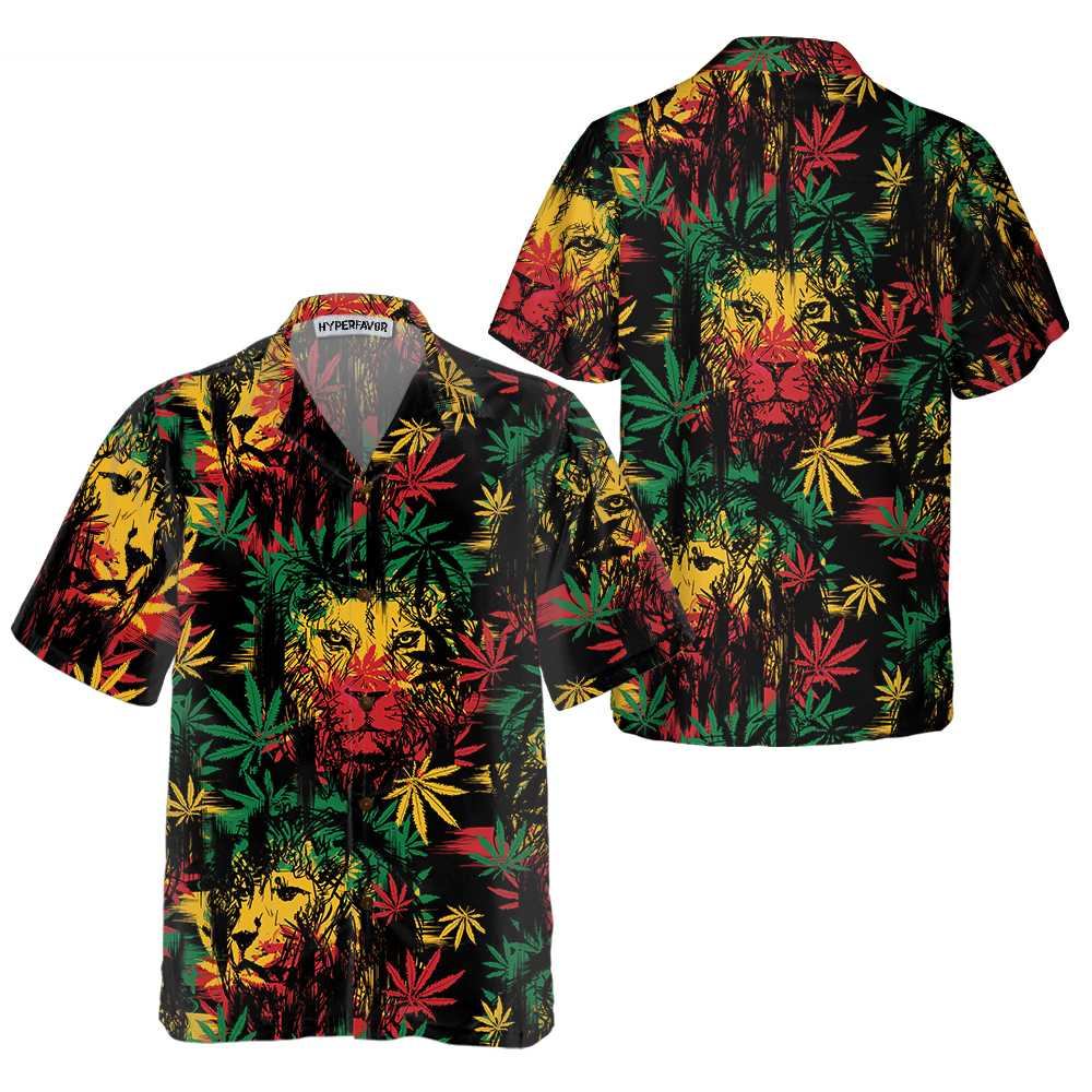 Lion Hawaiian Shirt, Lion Head With Cannabis Marijuana Leaves Aloha Shirt For Men - Perfect Gift For Lion Lover, Husband, Boyfriend, Friend, Family