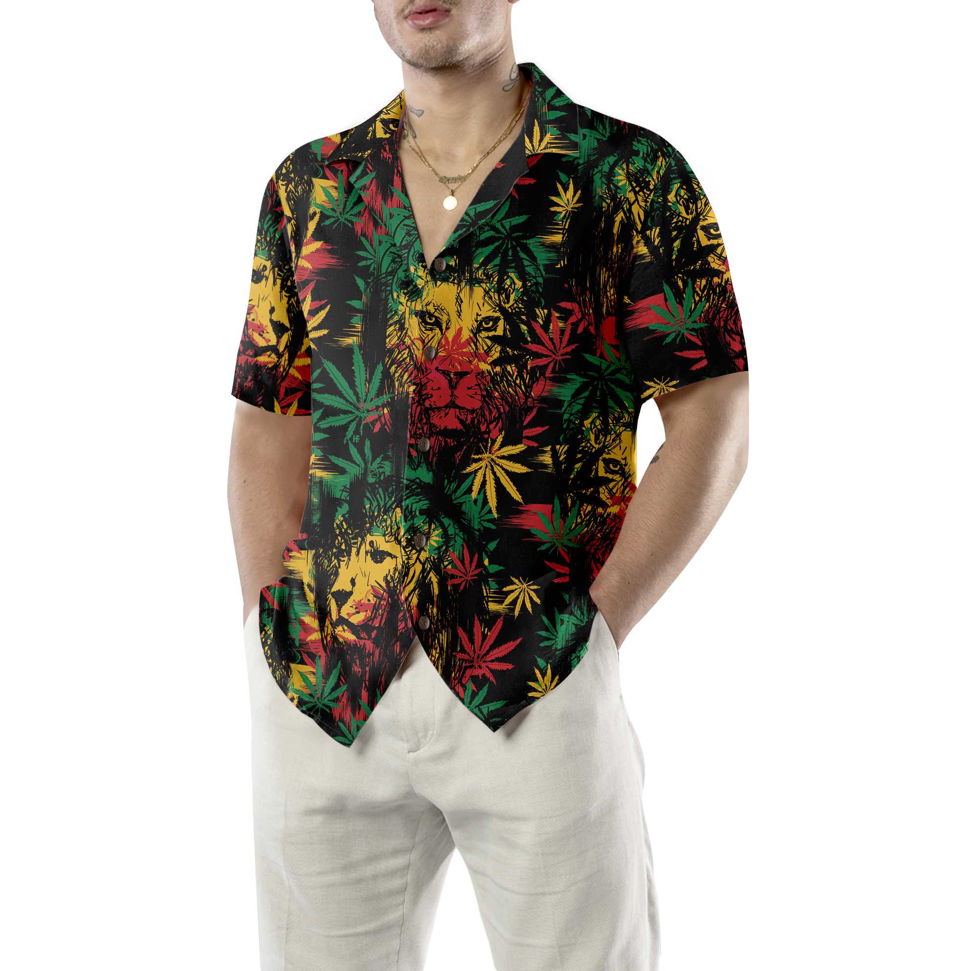 Lion Hawaiian Shirt, Lion Head With Cannabis Marijuana Leaves Aloha Shirt For Men - Perfect Gift For Lion Lover, Husband, Boyfriend, Friend, Family - Image 5