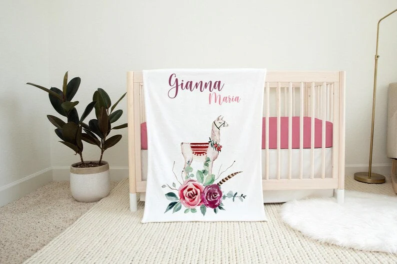 Llama Roses Baby Kids Blanket With Customized Name For Baby Girl Nursery, Daughter, Granddaughter, Newborn Gifts