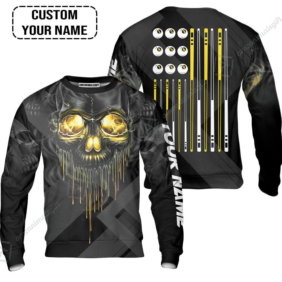 Long Sleeve Men Polo Shirt - Billiards Pool Player Skull Custom Polo Shirt, Skull Billiards Shirt For Billiards Players, Personalized Billiards Gift - Image 5