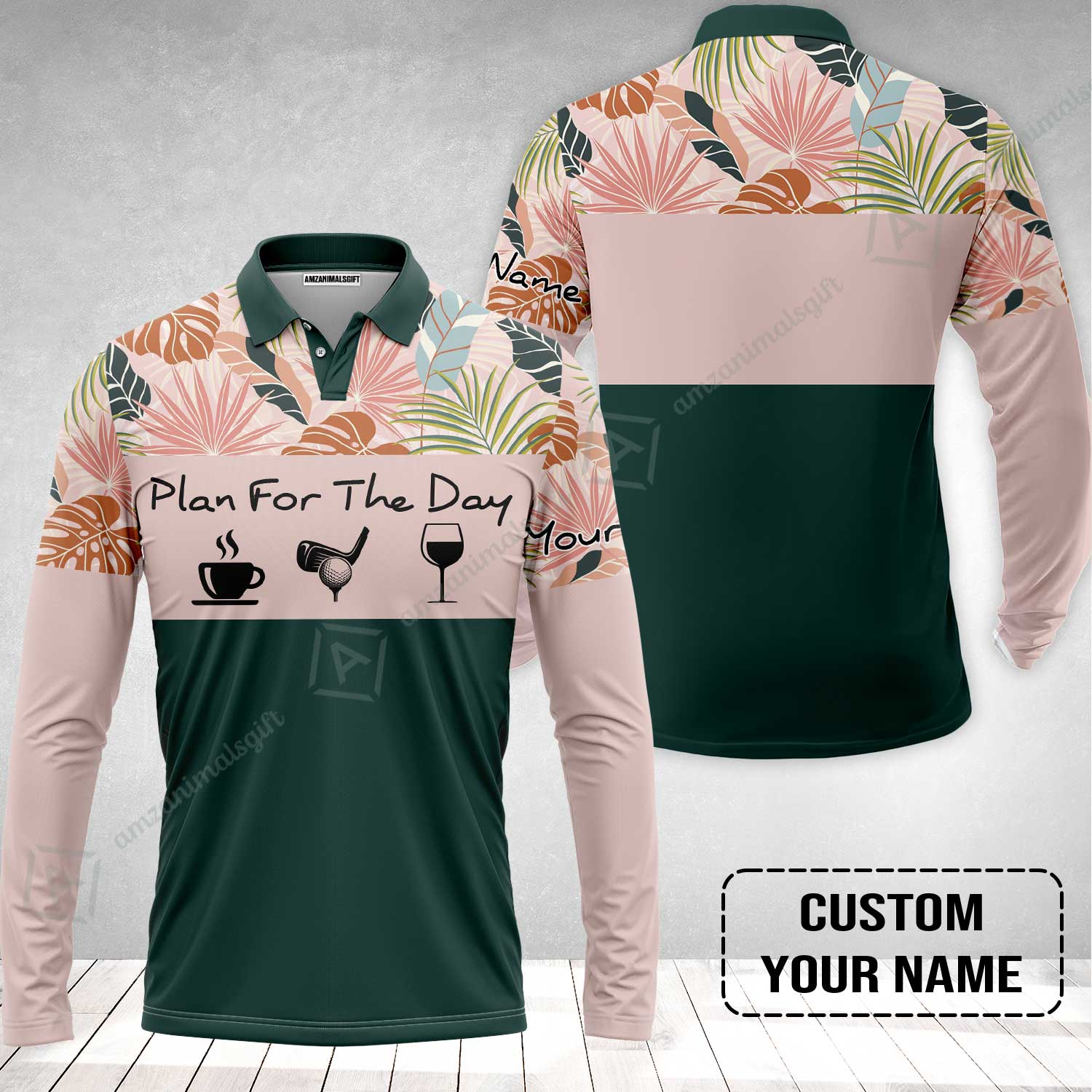 Long Sleeve Men Polo Shirt - Custom Name Tropical Leaves Floral Apparel - Plan For The Day Coffee Golf Wine - Image 2