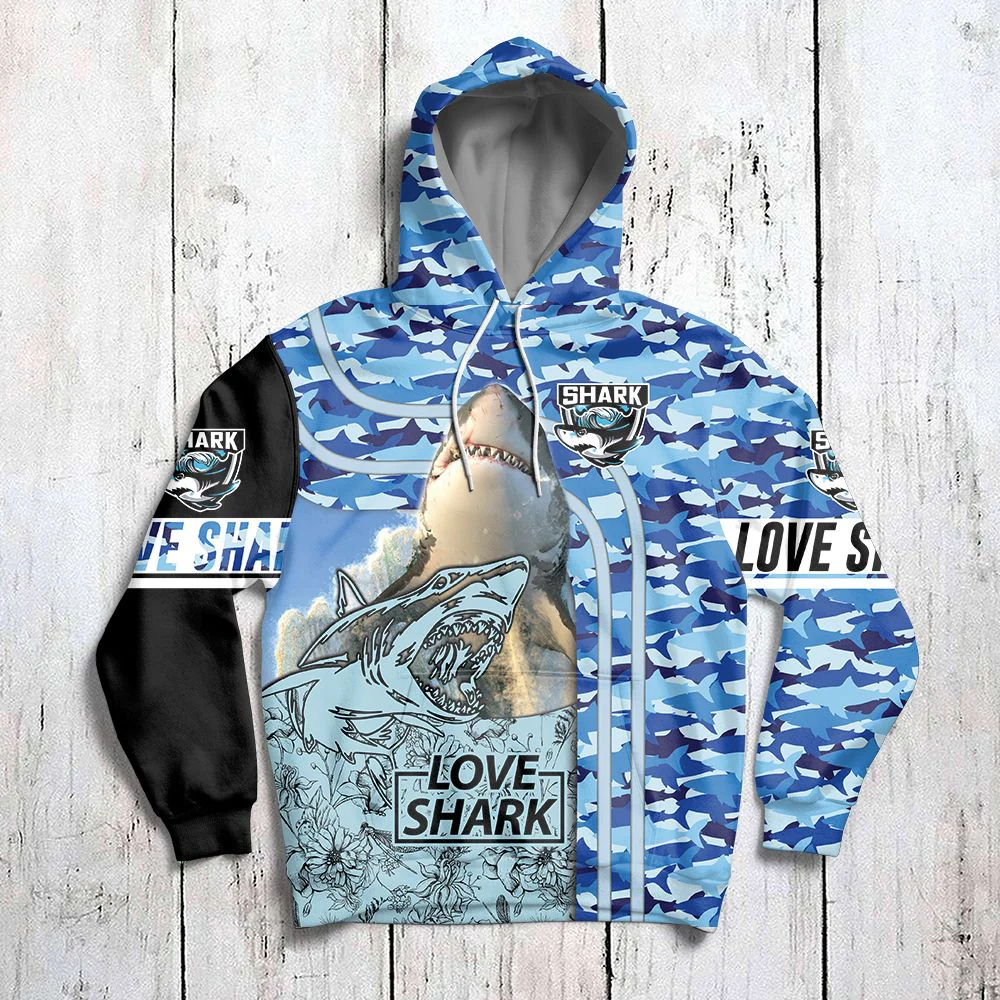Love Shark Blue Camo Pullover Premium Hoodie, Perfect Outfit For Men And Women On Christmas New Year Autumn Winter - Image 3