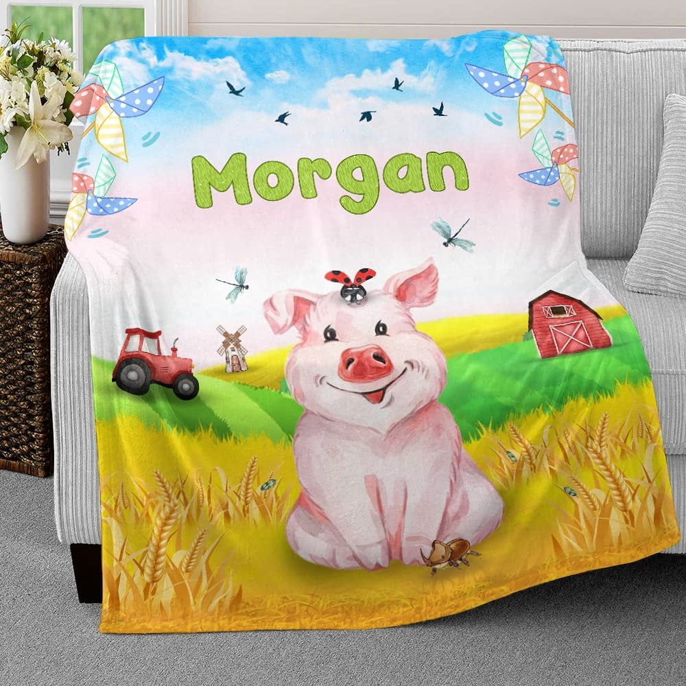 Lovely Pig And Farm Baby Kids Blanket With Custom Name For Baby Girl Nursery, Daughter, Granddaughter - Image 3