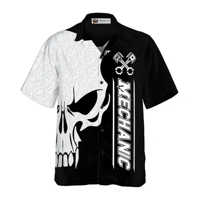 Mechanic Hawaiian Shirt, Mechanic Proud Skull Black White Aloha Shirt For Men - Perfect Gift For Mechanic, Husband, Boyfriend, Friend, Family