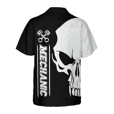 Mechanic Hawaiian Shirt, Mechanic Proud Skull Black White Aloha Shirt For Men - Perfect Gift For Mechanic, Husband, Boyfriend, Friend, Family - Image 2