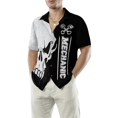 Mechanic Hawaiian Shirt, Mechanic Proud Skull Black White Aloha Shirt For Men - Perfect Gift For Mechanic, Husband, Boyfriend, Friend, Family - Image 5
