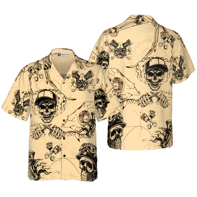 Mechanic Hawaiian Shirt, Skull On Retro Mechanism Background Aloha Shirt For Men - Perfect Gift For Mechanic, Husband, Boyfriend, Friend, Family