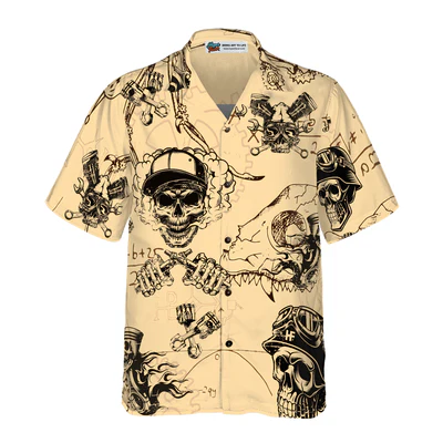 Mechanic Hawaiian Shirt, Skull On Retro Mechanism Background Aloha Shirt For Men - Perfect Gift For Mechanic, Husband, Boyfriend, Friend, Family - Image 3