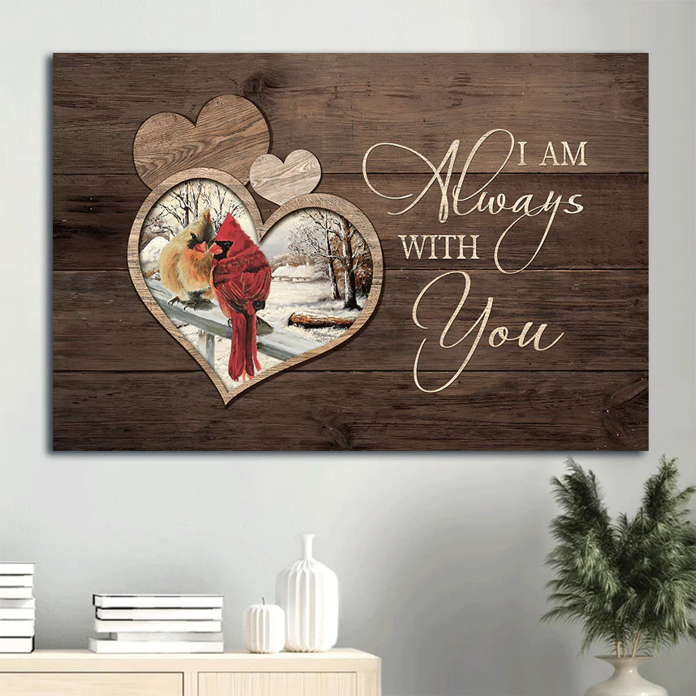 Memorial Premium Wrapped Landscape Canvas - Cardinal Couple, Heart Wooden Background, I Am Always With You - Heaven Gifts For Family Members
