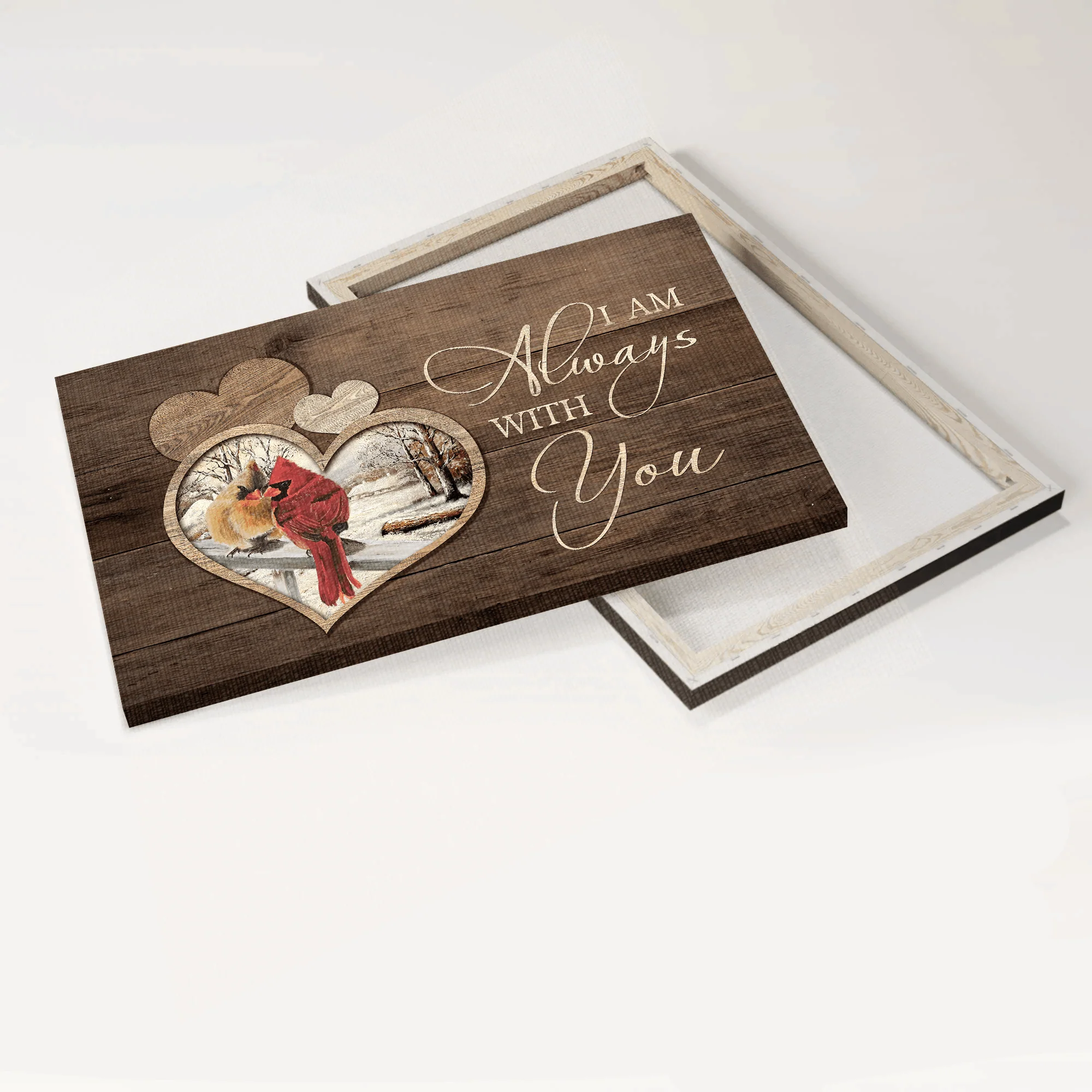 Memorial Premium Wrapped Landscape Canvas - Cardinal Couple, Heart Wooden Background, I Am Always With You - Heaven Gifts For Family Members - Image 5