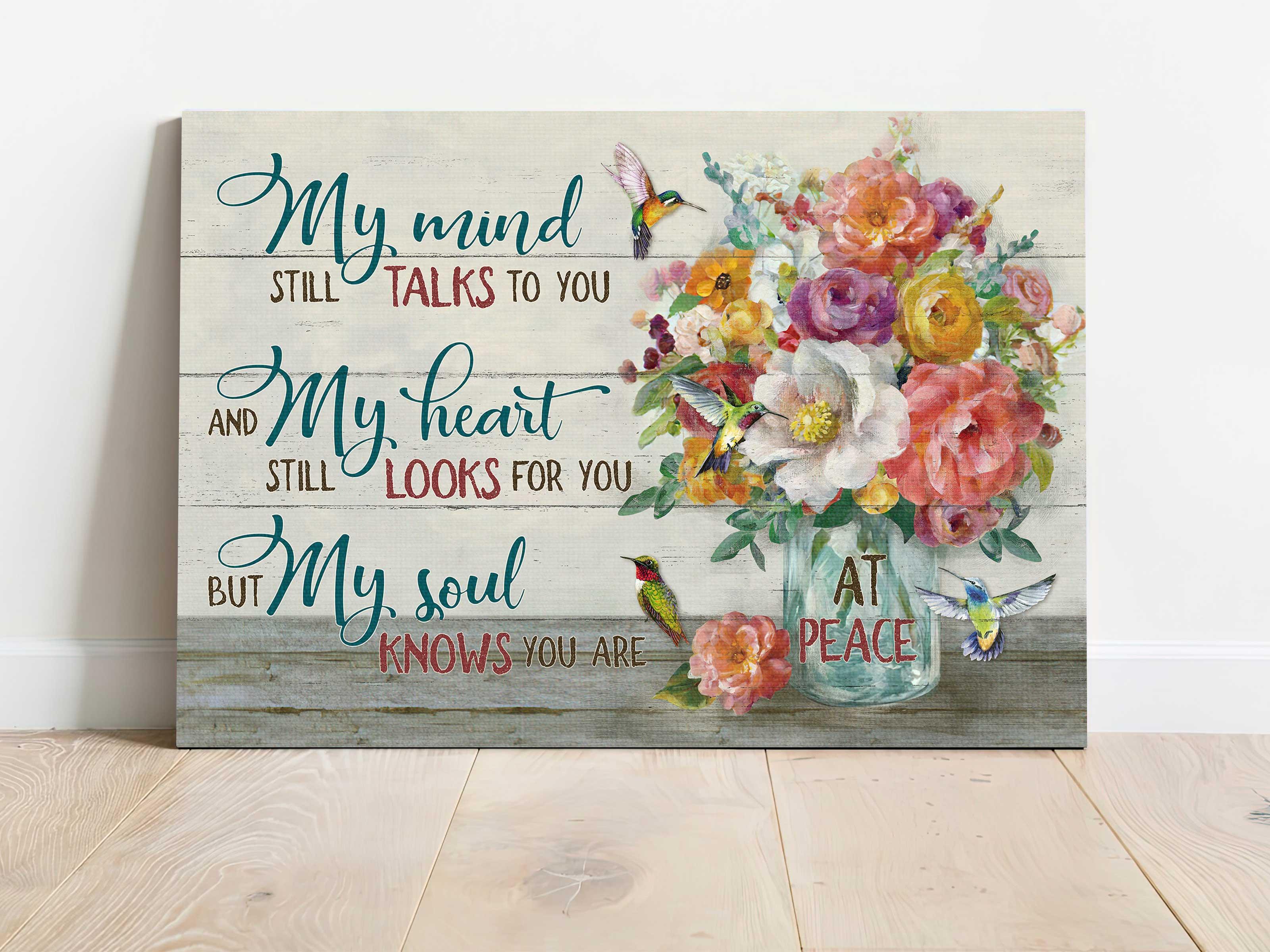 Memorial Premium Wrapped Landscape Canvas - Flower in mason jar, My mind still talks to you - Heaven Gifts for members family - Image 2