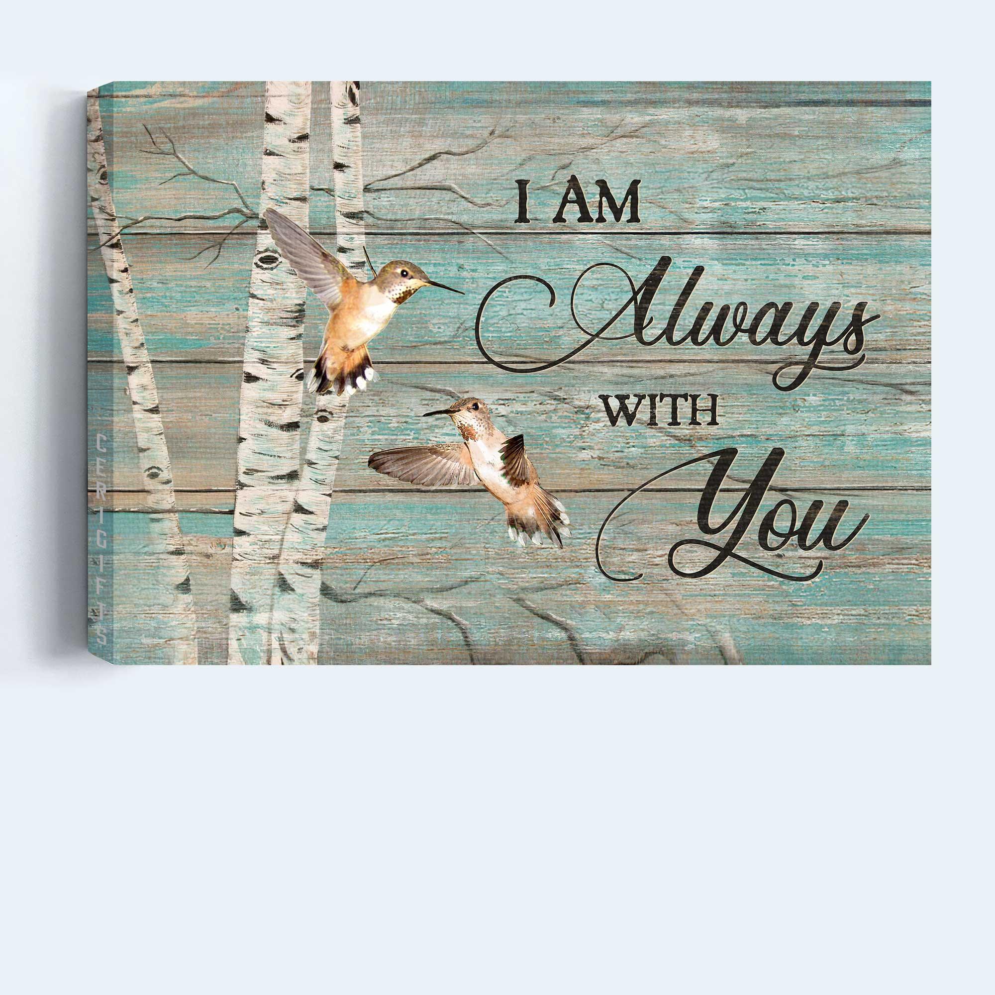 Memorial Premium Wrapped Landscape Canvas - Hummingbird drawing, Blue background, Oldest tree, I am always with you -Heaven Gifts for members family