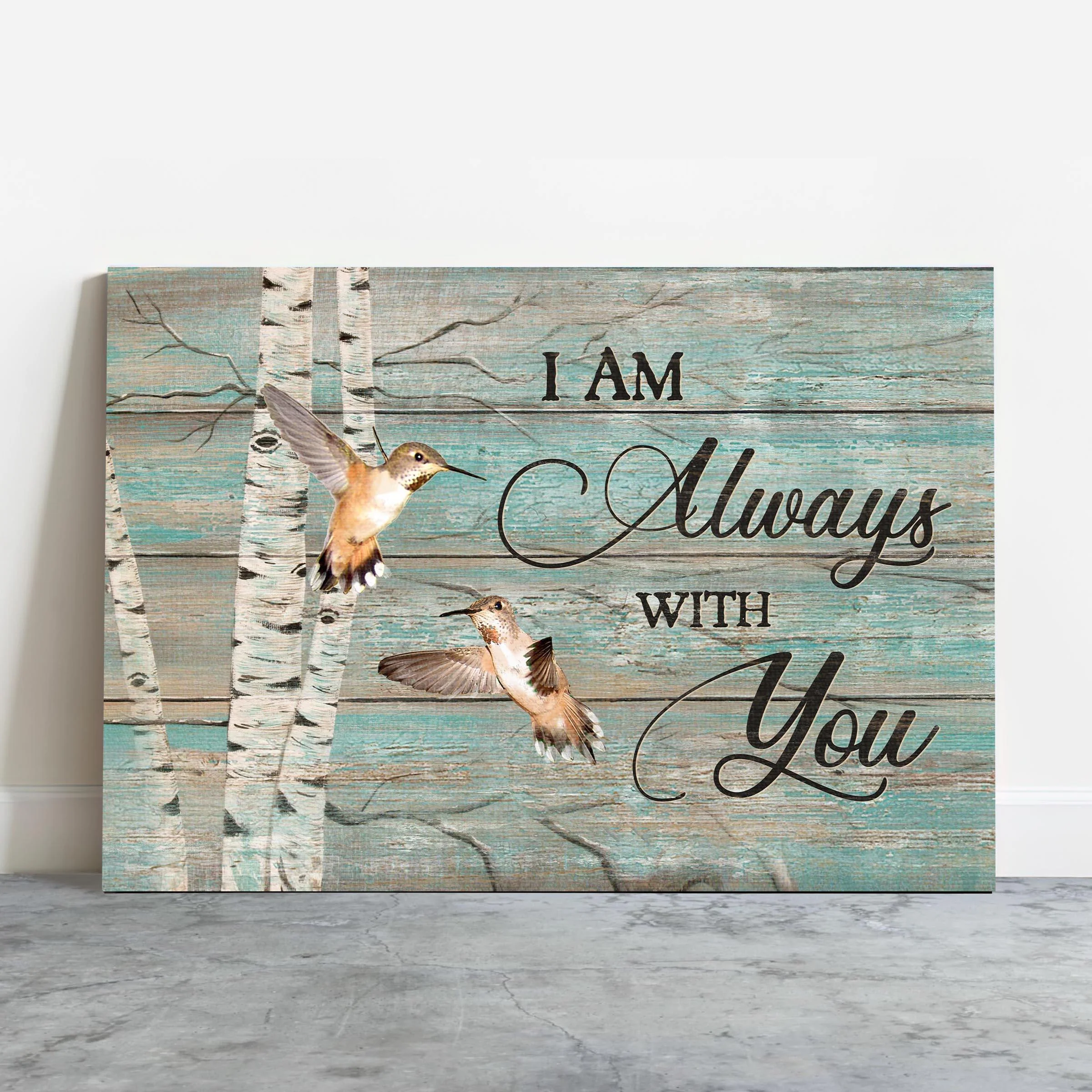 Memorial Premium Wrapped Landscape Canvas - Hummingbird drawing, Blue background, Oldest tree, I am always with you -Heaven Gifts for members family - Image 2