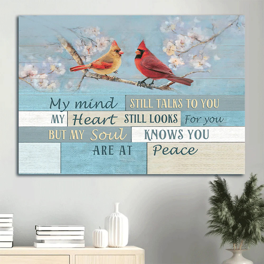 Memorial Premium Wrapped Landscape Canvas - Spring Painting, Cardinal Drawing, My Mind Still Talks To You - Heaven Gift For Members Family