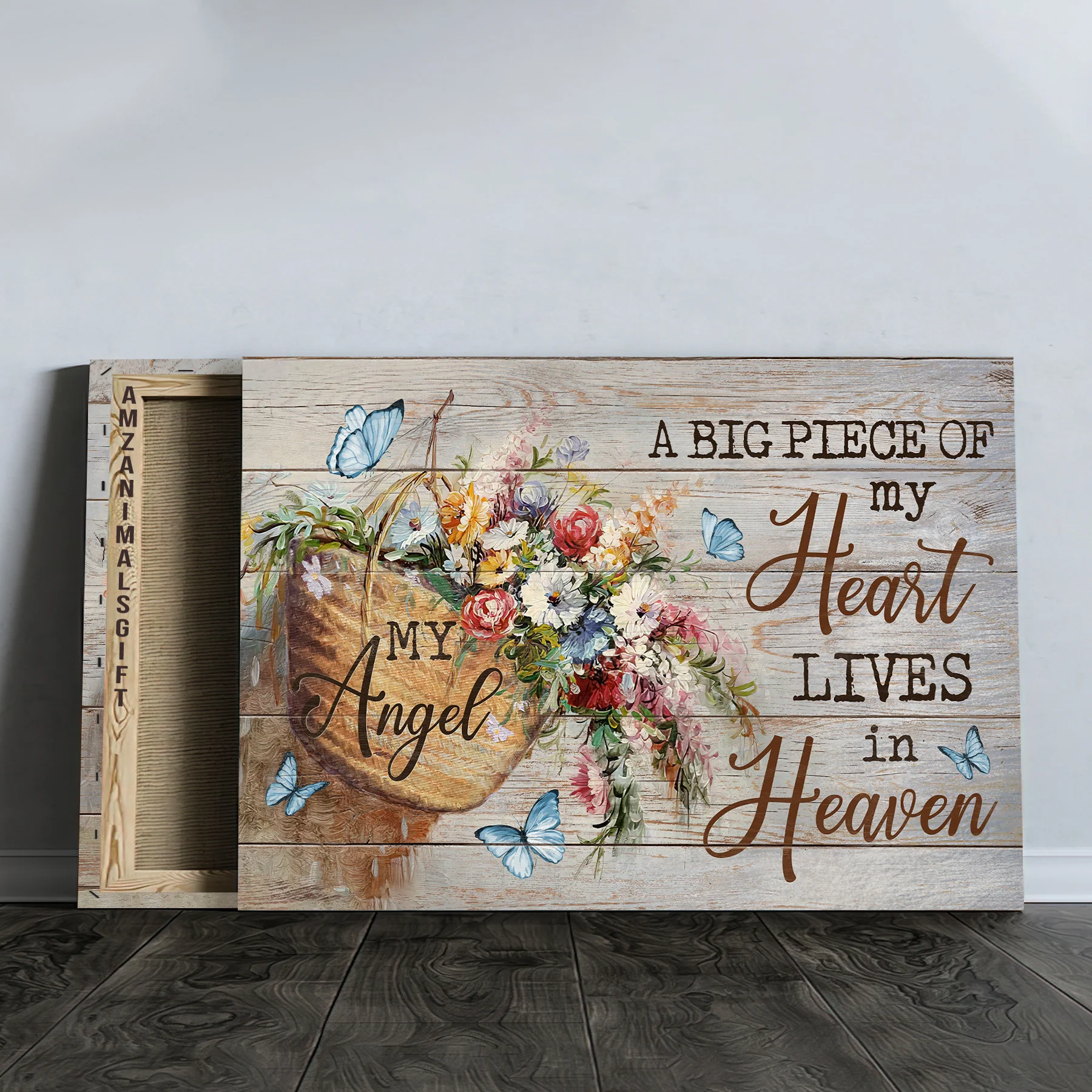 Memorial Premium Wrapped Landscape Canvas - Wild Flower Basket, Butterfly, A Big Piece Of My Heart Lives In Heaven - Heaven Gift For Members Family - Image 3