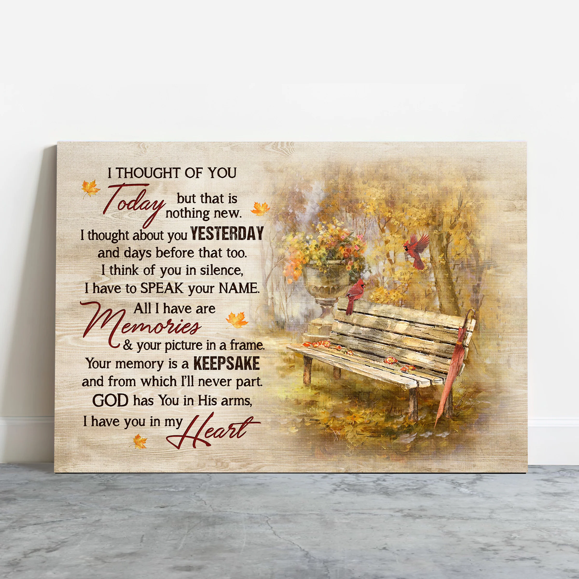 Memorial Premium Wrapped Landscape Canvas - Wooden Chair, Red Cardinal, Beautiful Autumn Park, I Thought Of You Today - Heaven Gift For Members Family - Image 2