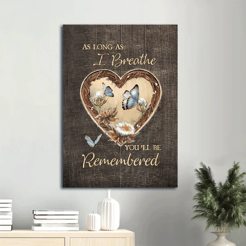 Memorial Premium Wrapped Portrait Canvas - Blue butterfly, Heart Wreath, Pretty Wildflower, As Long As I Breathe - Heaven Gift For Members Family