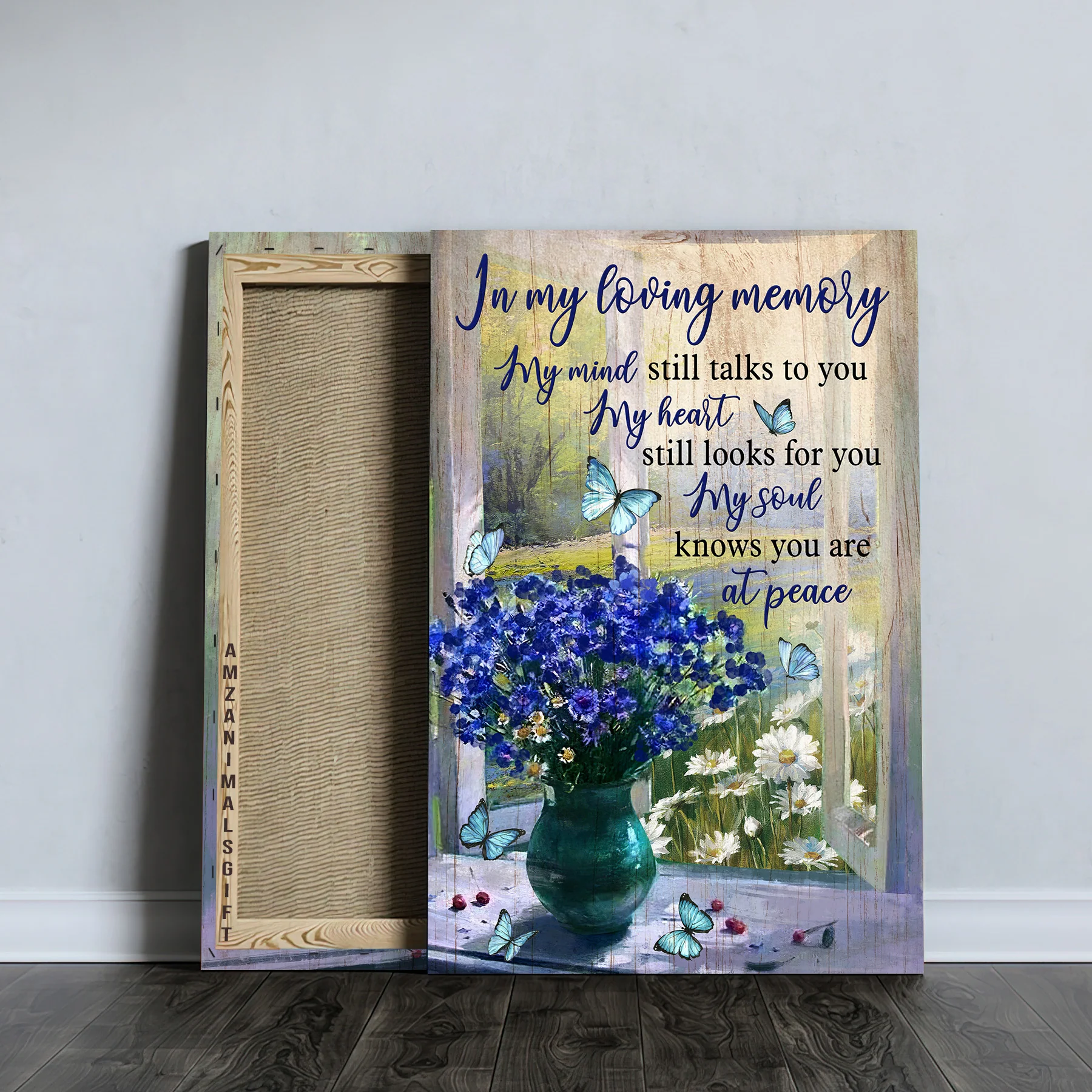 Memorial Premium Wrapped Portrait Canvas - Blue Flower Vase By The Window, Blue Butterfly, My Heart Still Looks For You - Gift For Members Family - Image 3