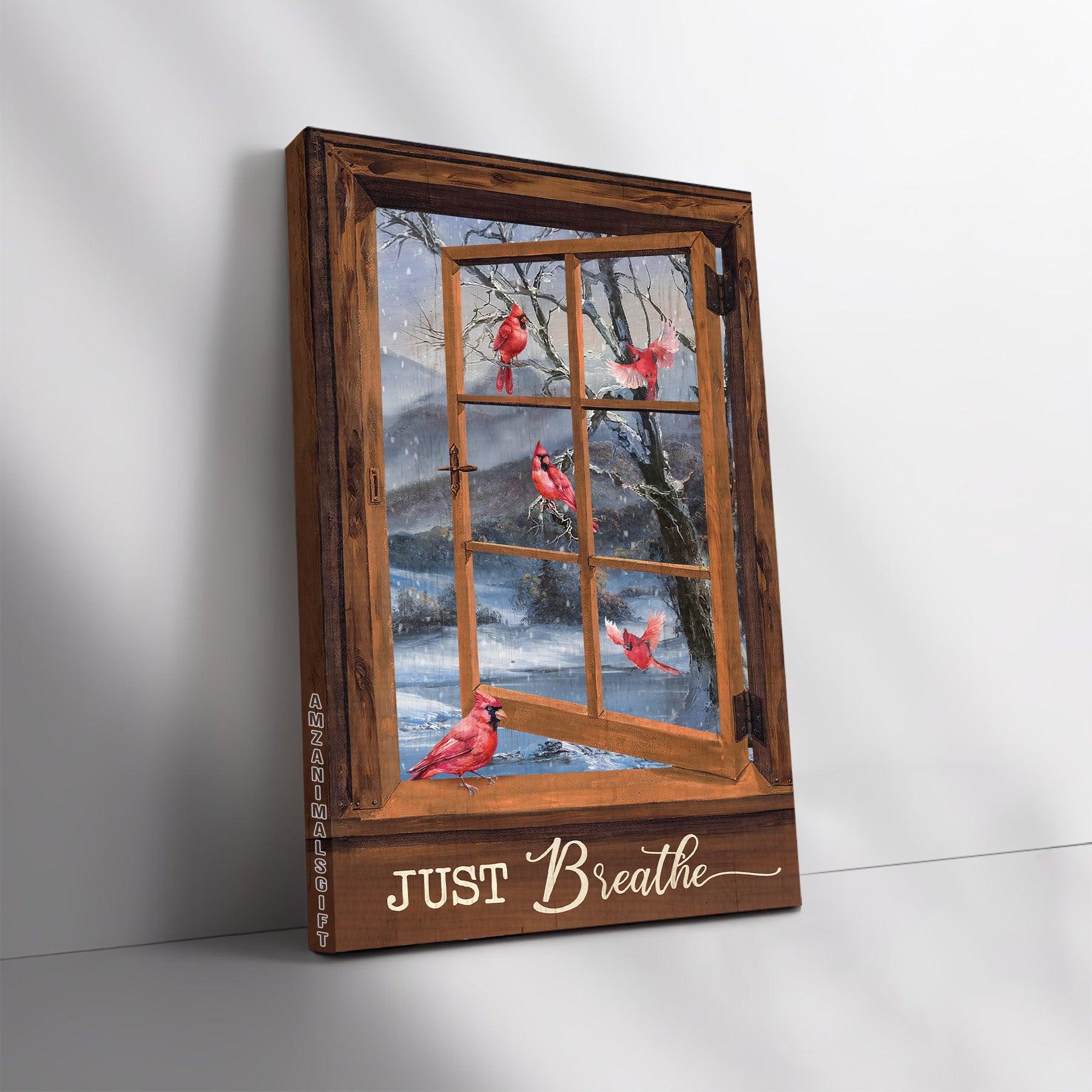 Memorial Premium Wrapped Portrait Canvas - Blue Night, Red Cardinal Drawing, Wooden Window, White Snow, Just Breathe - Heaven Gift For Members Family