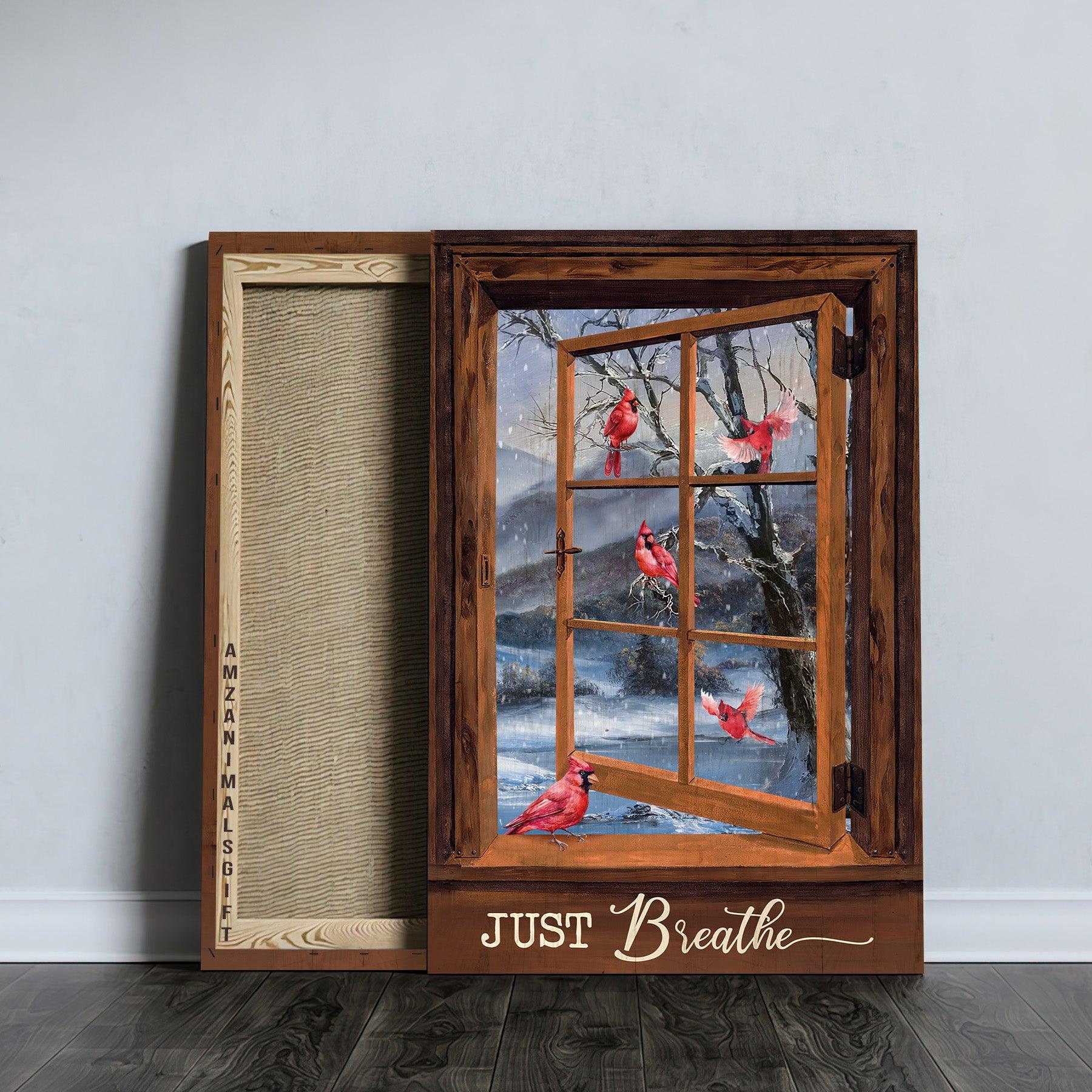 Memorial Premium Wrapped Portrait Canvas - Blue Night, Red Cardinal Drawing, Wooden Window, White Snow, Just Breathe - Heaven Gift For Members Family - Image 2