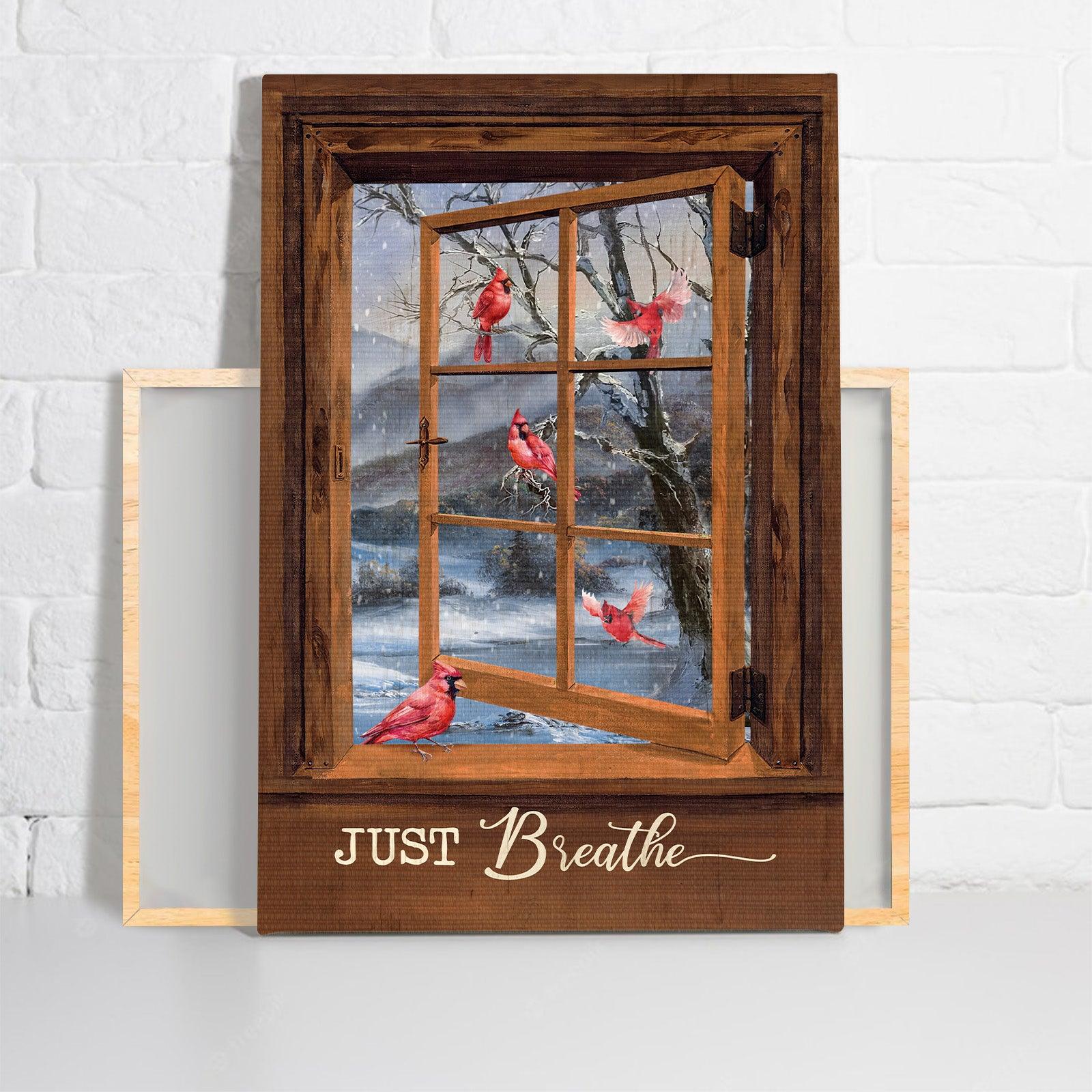 Memorial Premium Wrapped Portrait Canvas - Blue Night, Red Cardinal Drawing, Wooden Window, White Snow, Just Breathe - Heaven Gift For Members Family - Image 4