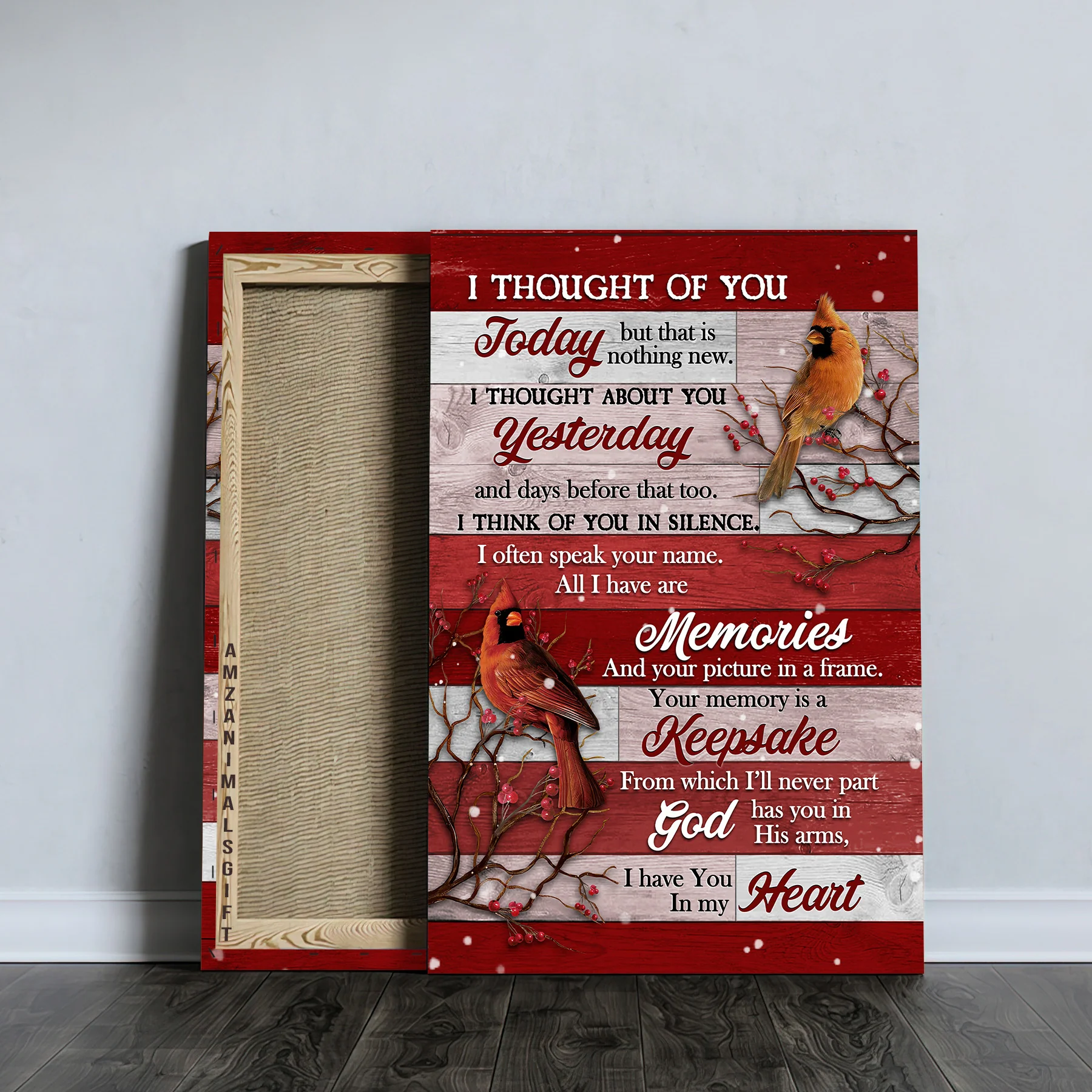 Memorial Premium Wrapped Portrait Canvas - Cardinal Drawing, Watercolor Cranberry, Red Background, I Thought Of You - Gift For Members Family - Image 3